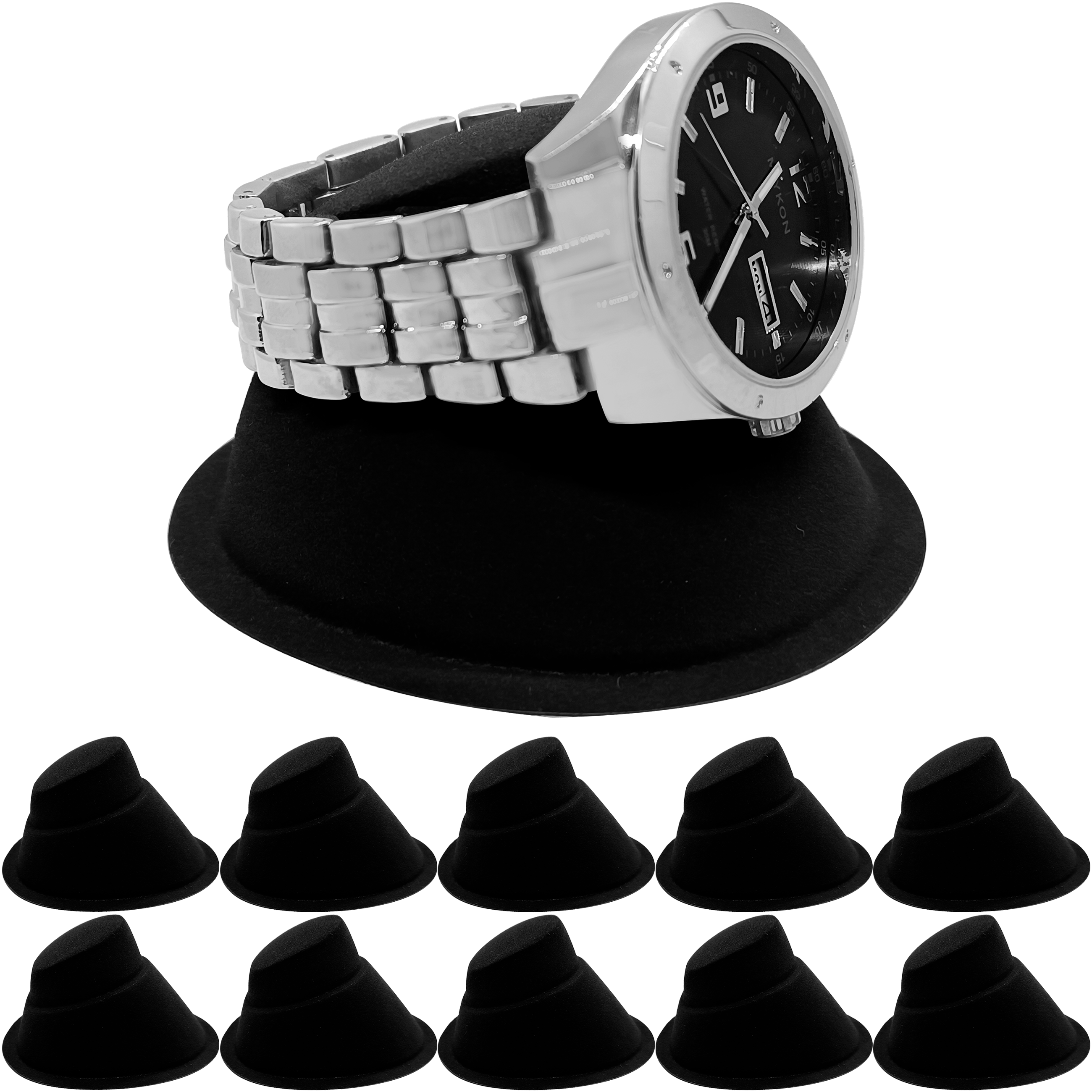 Paq 10 Exhibidor De Reloj marca genérica, soporte afelpado para joyería en color negro y rojo, base de plástico resistente y medidas 4.5 x 7.5 x 7 cm.
