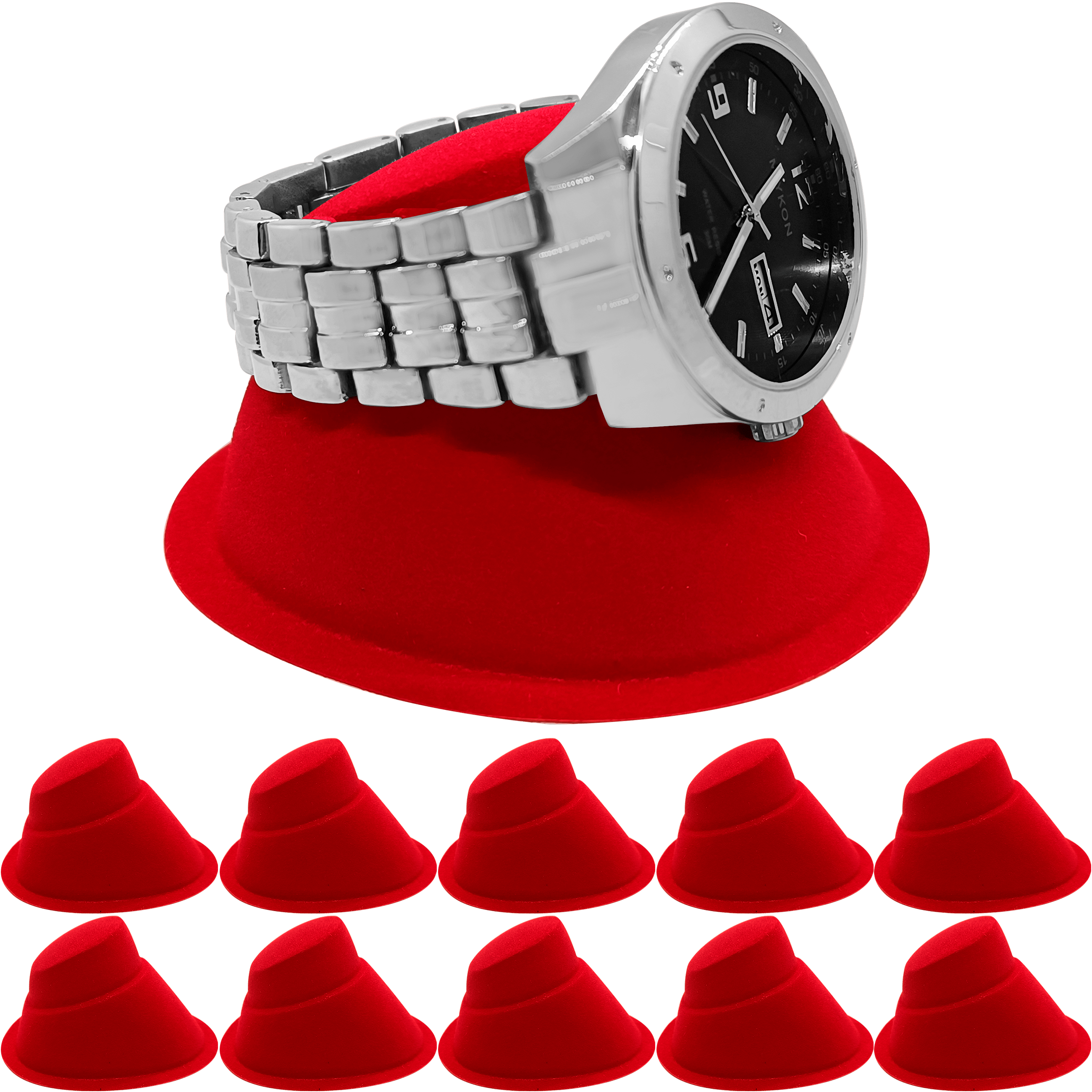 Paq 10 Exhibidor De Reloj marca genérica, soporte afelpado para joyería en color negro y rojo, base de plástico resistente y medidas 4.5 x 7.5 x 7 cm.