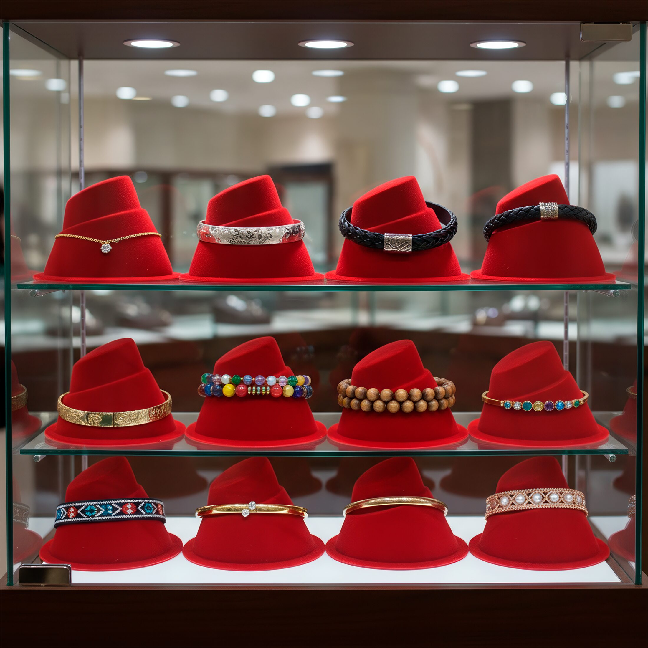 Paq 10 Exhibidor De Reloj marca genérica, soporte afelpado para joyería en color negro y rojo, base de plástico resistente y medidas 4.5 x 7.5 x 7 cm.