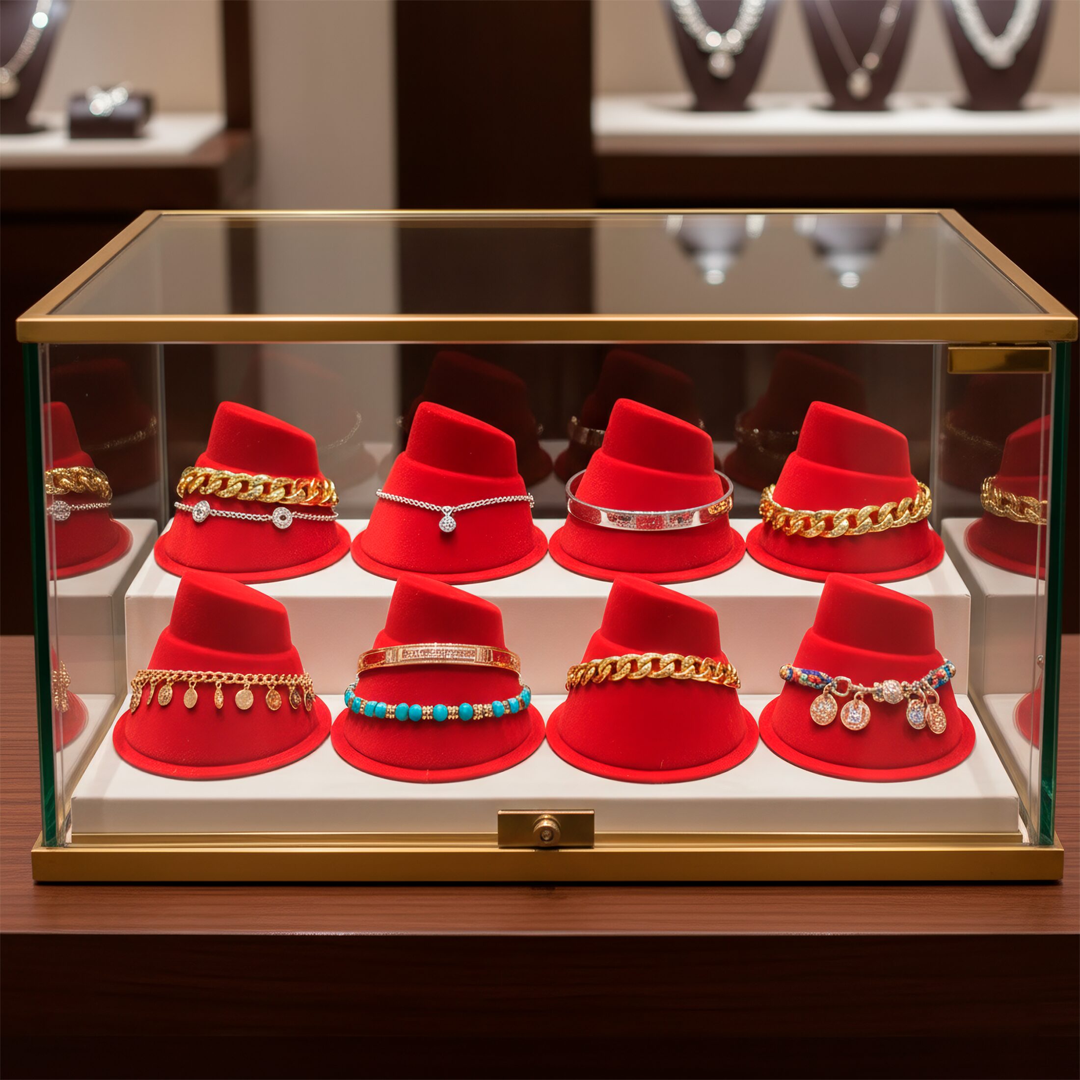 Paq 10 Exhibidor De Reloj marca genérica, soporte afelpado para joyería en color negro y rojo, base de plástico resistente y medidas 4.5 x 7.5 x 7 cm.