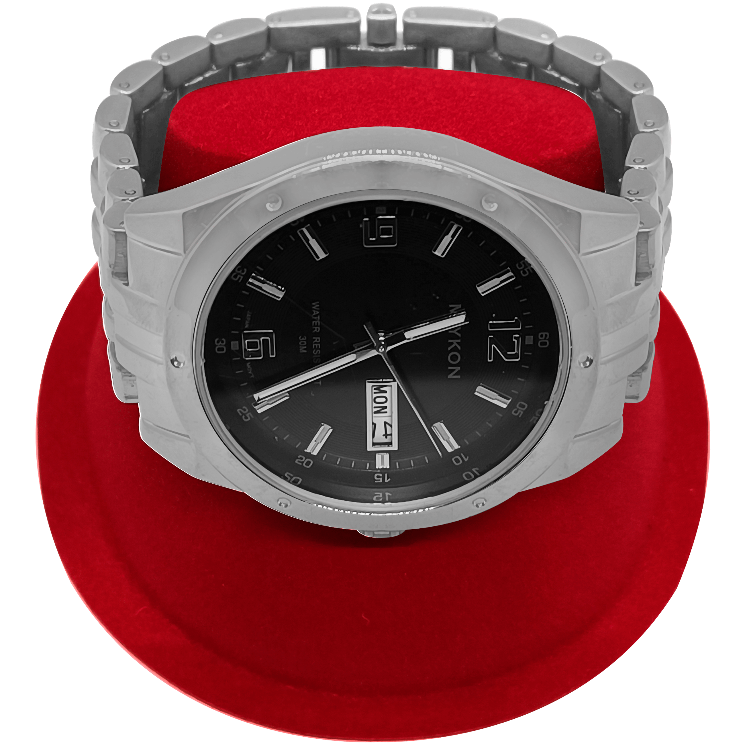 Paq 10 Exhibidor De Reloj marca genérica, soporte afelpado para joyería en color negro y rojo, base de plástico resistente y medidas 4.5 x 7.5 x 7 cm.