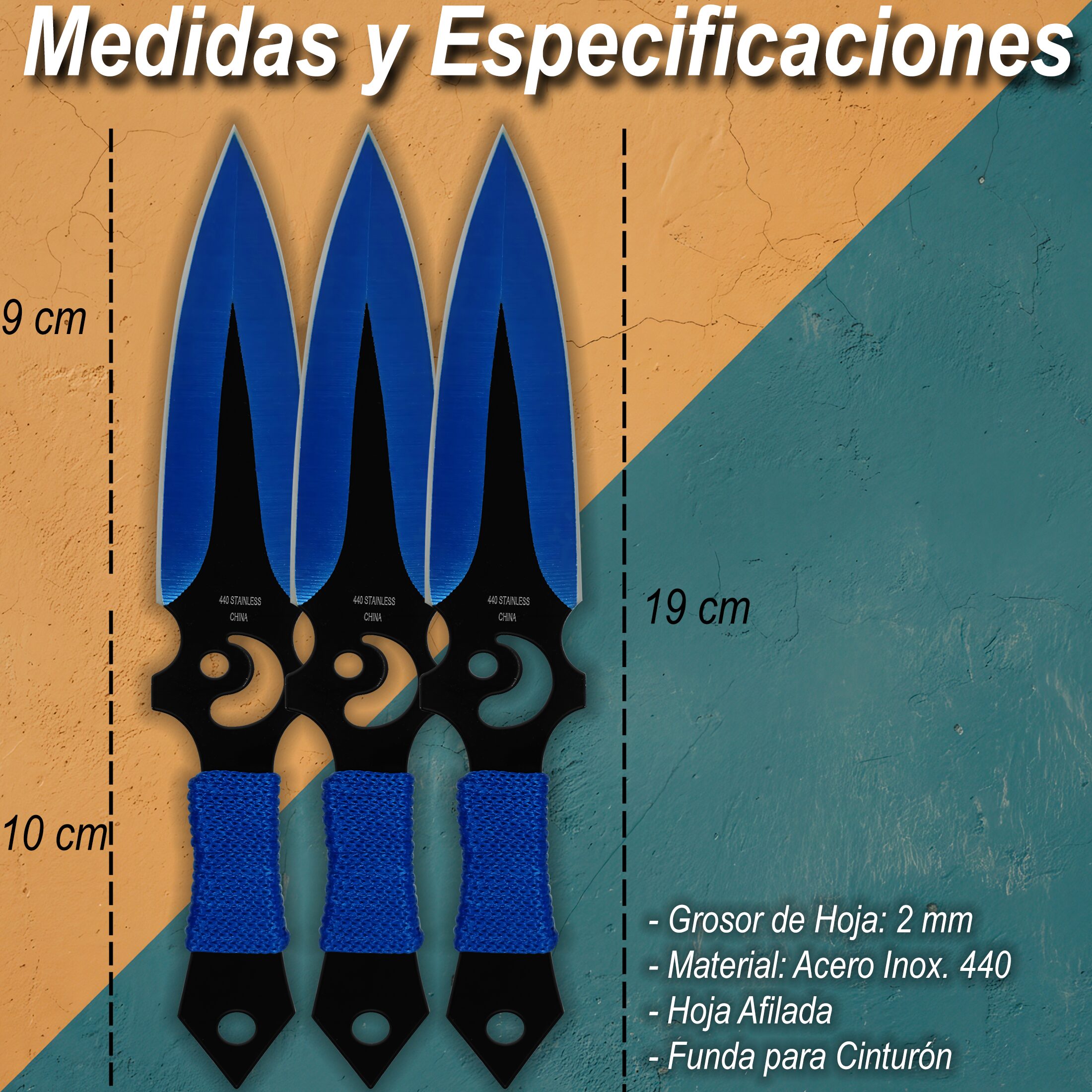 3 Cuchillos Lanzables Tácticos Razor Tactical con funda y hojas de acero inoxidable 440 color negro 3 Cuchillos Lanzables Tácticos marca Razor Tactical modelo RT 8012BL con mango forrado en nylon