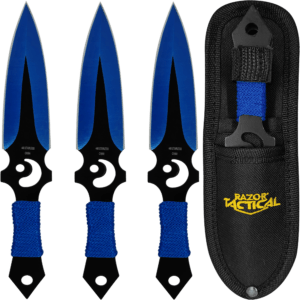 3 Cuchillos Lanzables Tácticos Razor Tactical con funda y hojas de acero inoxidable 440 color negro 3 Cuchillos Lanzables Tácticos marca Razor Tactical modelo RT 8012BL con mango forrado en nylon