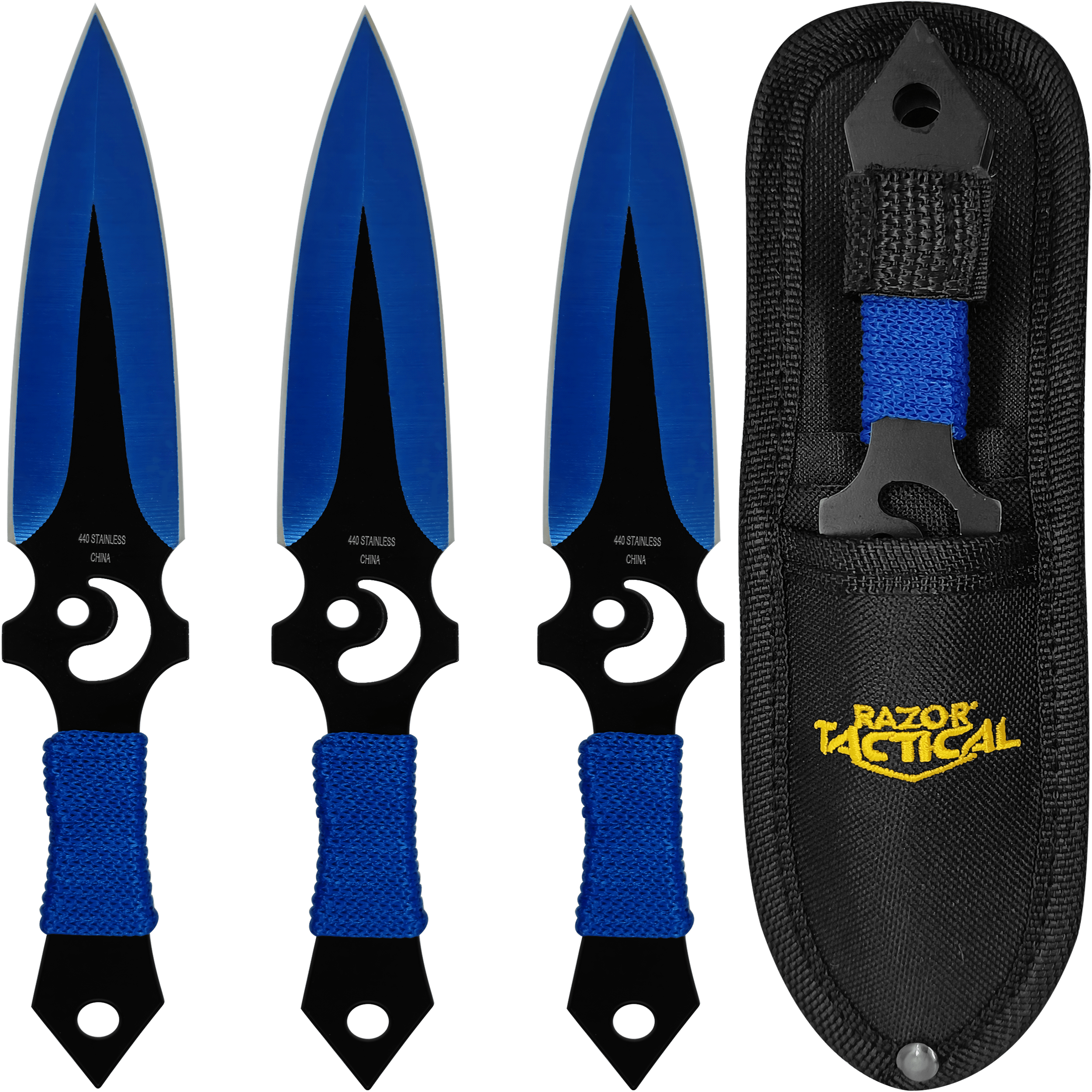 3 Cuchillos Lanzables Tácticos Razor Tactical con funda y hojas de acero inoxidable 440 color negro 3 Cuchillos Lanzables Tácticos marca Razor Tactical modelo RT 8012BL con mango forrado en nylon