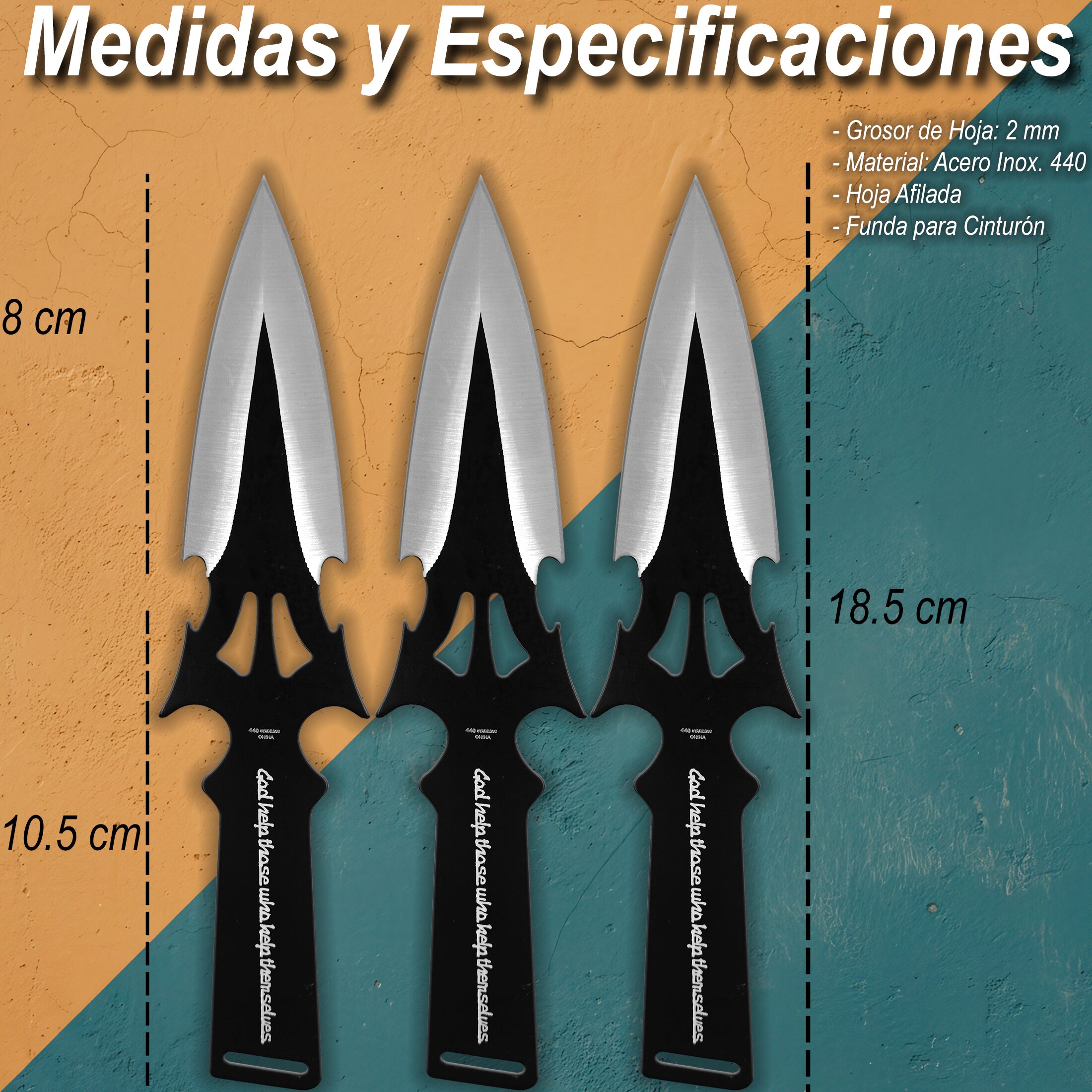 3 Cuchillos Lanzables Tácticos Razor Tactical con funda y hojas de acero inoxidable 440 color negro 3 Cuchillos Lanzables Tácticos marca Razor Tactical modelo RT 8039BK con mango forrado en nylon