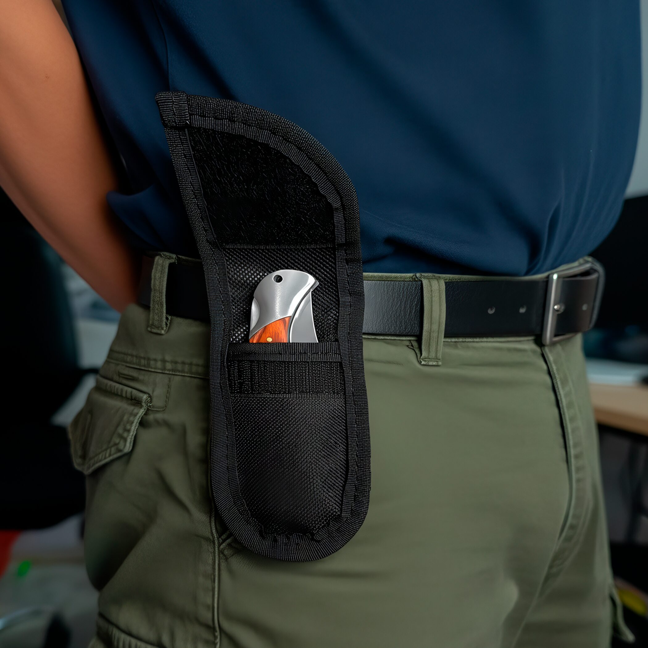 Funda Para Navaja Reforzada Wallis de poliéster color negro con cierre de velcro y correa para cinturón. fabricada en poliéster resistente con sistema de velcro para navajas de hasta 9 cm. C330308-CH