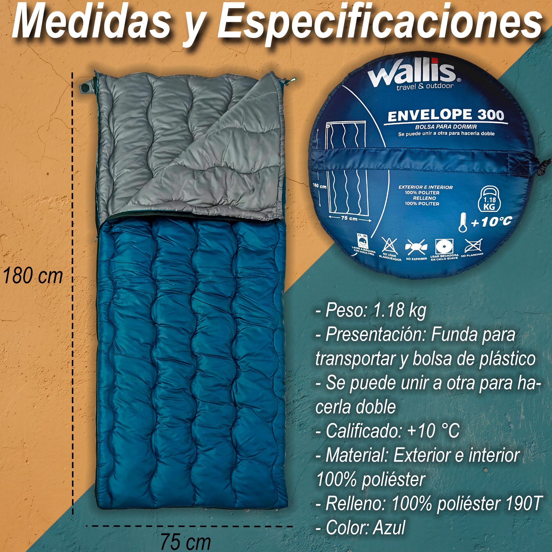 Bolsa De Dormir Wallis Envelope 300 modelo SB1780286 azul +10°C para camping y senderismo.