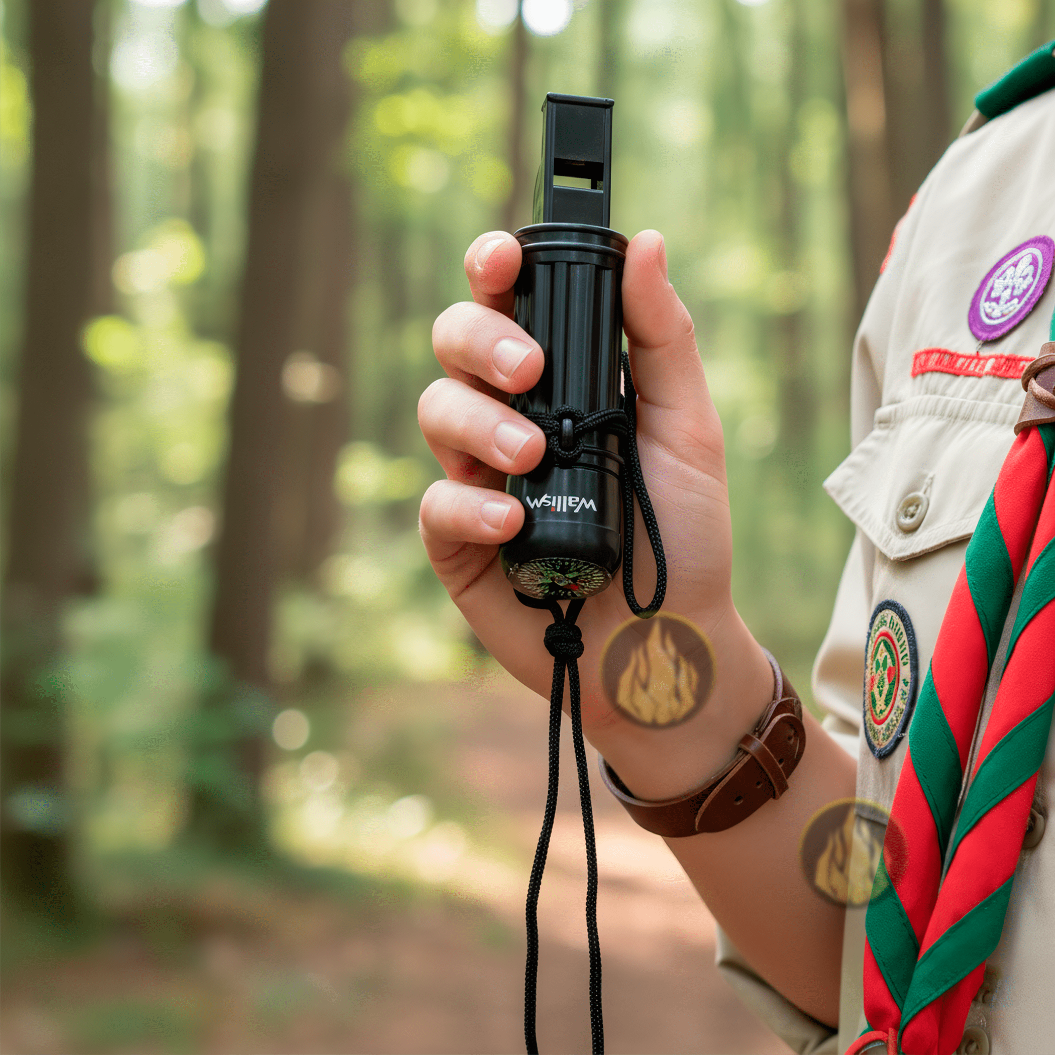 Brújula Scout Silbato Pedernal Wallis con cordón colgante y herramientas de supervivencia modelo C270307 Brújula Scout Silbato Pedernal Wallis con espejo de señalización y compartimiento seguro