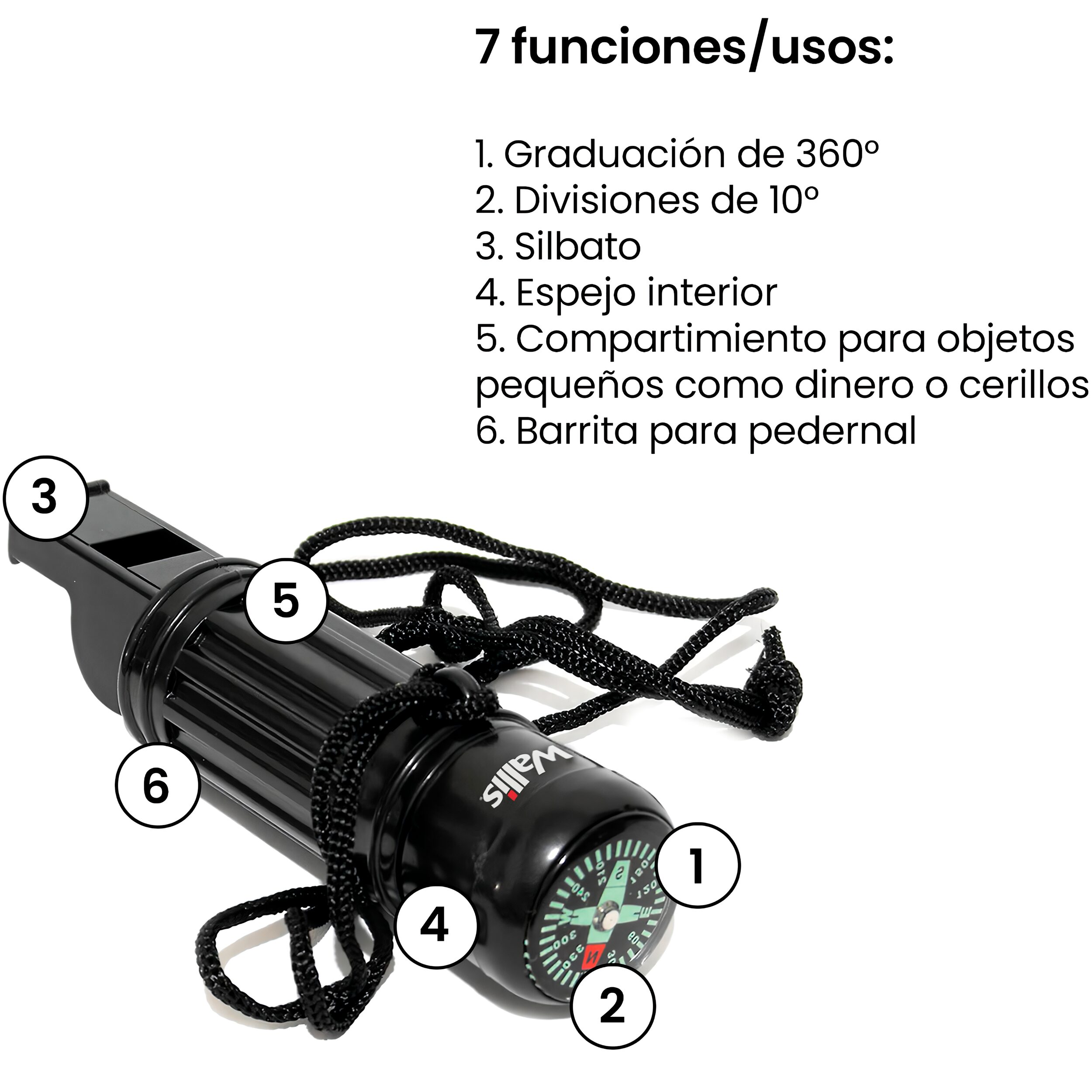 Brújula Scout Silbato Pedernal Wallis con cordón colgante y herramientas de supervivencia modelo C270307 Brújula Scout Silbato Pedernal Wallis con espejo de señalización y compartimiento seguro