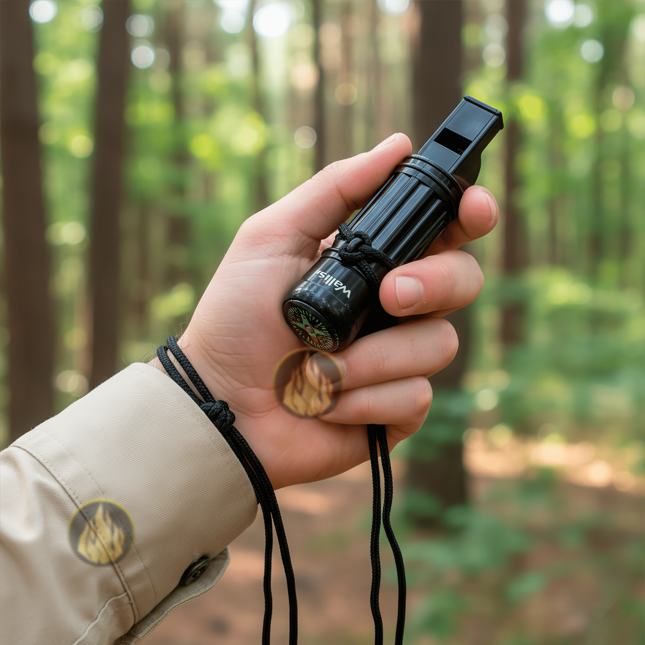 Brújula Scout Silbato Pedernal Wallis con cordón colgante y herramientas de supervivencia modelo C270307 Brújula Scout Silbato Pedernal Wallis con espejo de señalización y compartimiento seguro