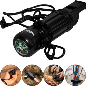 Brújula Scout Silbato Pedernal Wallis con cordón colgante y herramientas de supervivencia modelo C270307 Brújula Scout Silbato Pedernal Wallis con espejo de señalización y compartimiento seguro