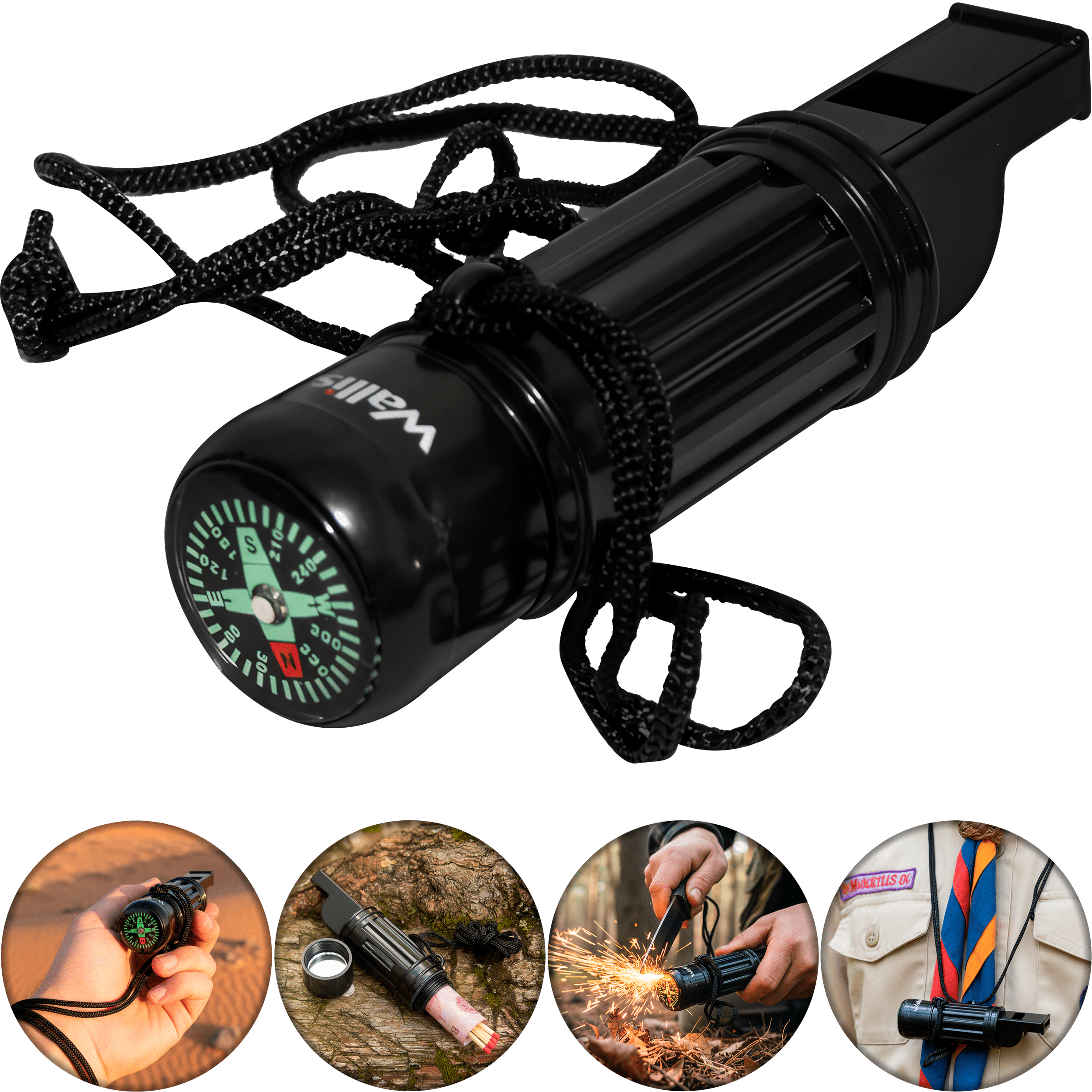 Brújula Scout Silbato Pedernal Wallis con cordón colgante y herramientas de supervivencia modelo C270307 Brújula Scout Silbato Pedernal Wallis con espejo de señalización y compartimiento seguro