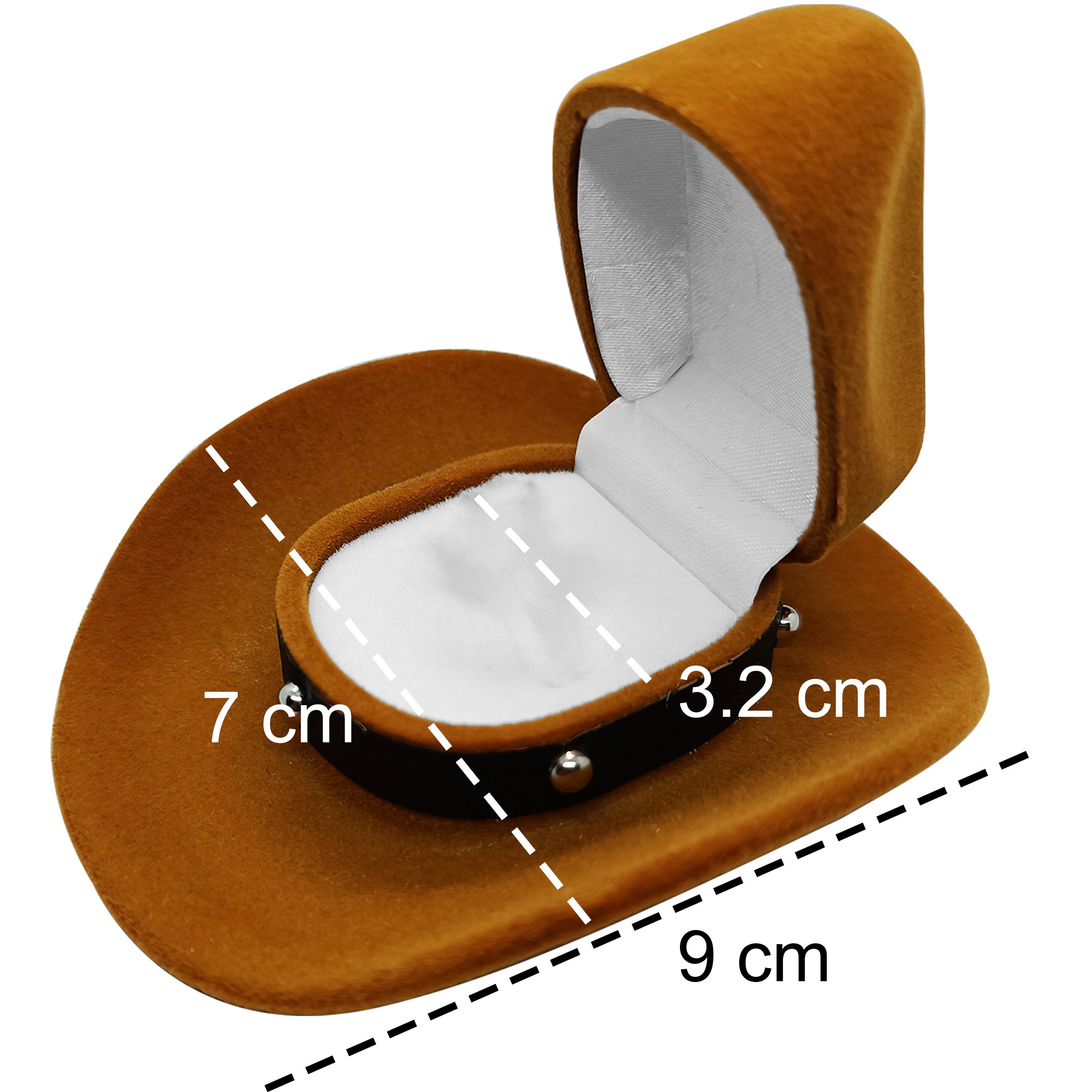 Caja Anillo De Compromiso Sombrero marca Caracter Fuego color café con interior afelpado para anillo o collar. Caracter Fuego estilo sombrero vaquero ideal para boda o propuesta de matrimonio.