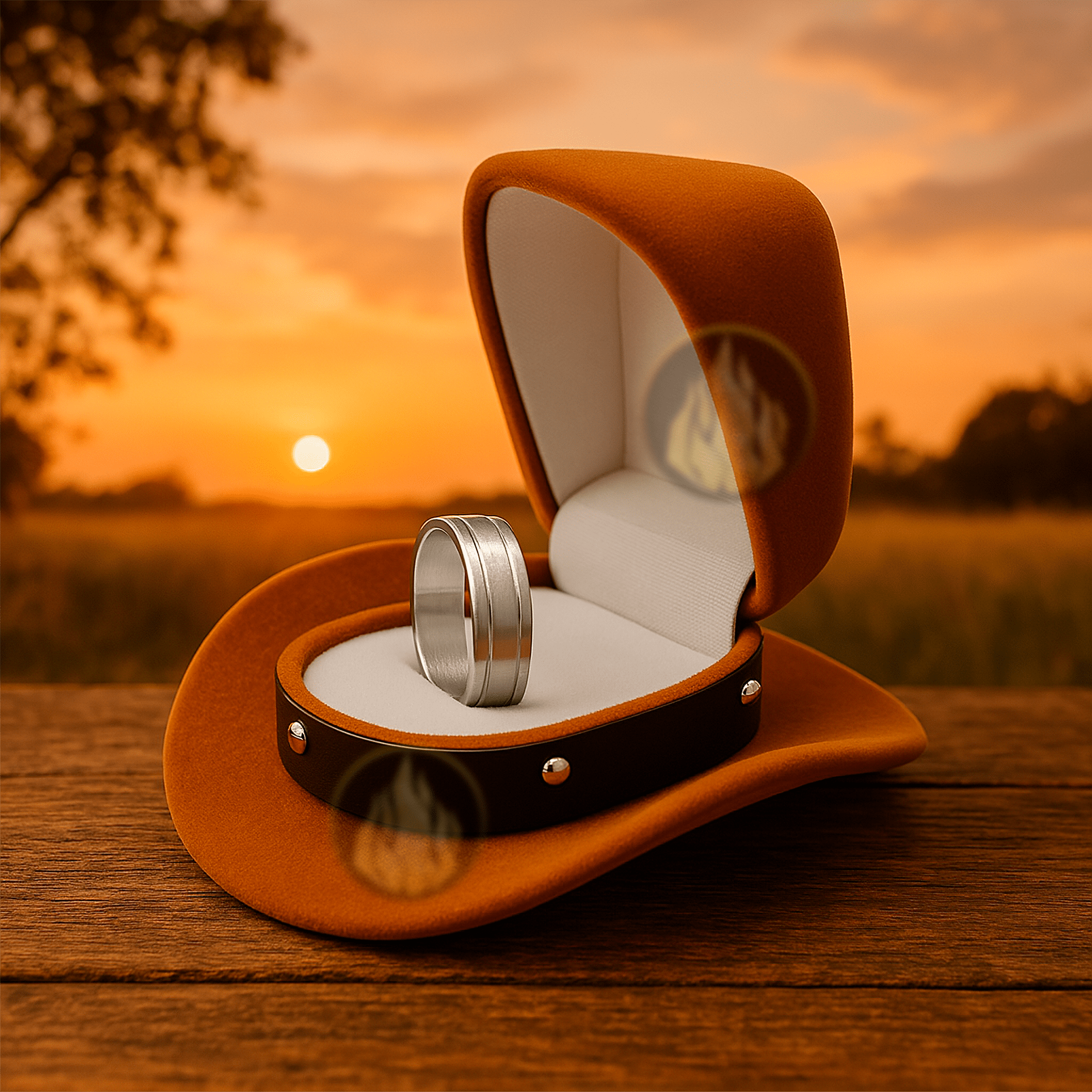 Caja Anillo De Compromiso Sombrero marca Caracter Fuego color café con interior afelpado para anillo o collar. Caracter Fuego estilo sombrero vaquero ideal para boda o propuesta de matrimonio.