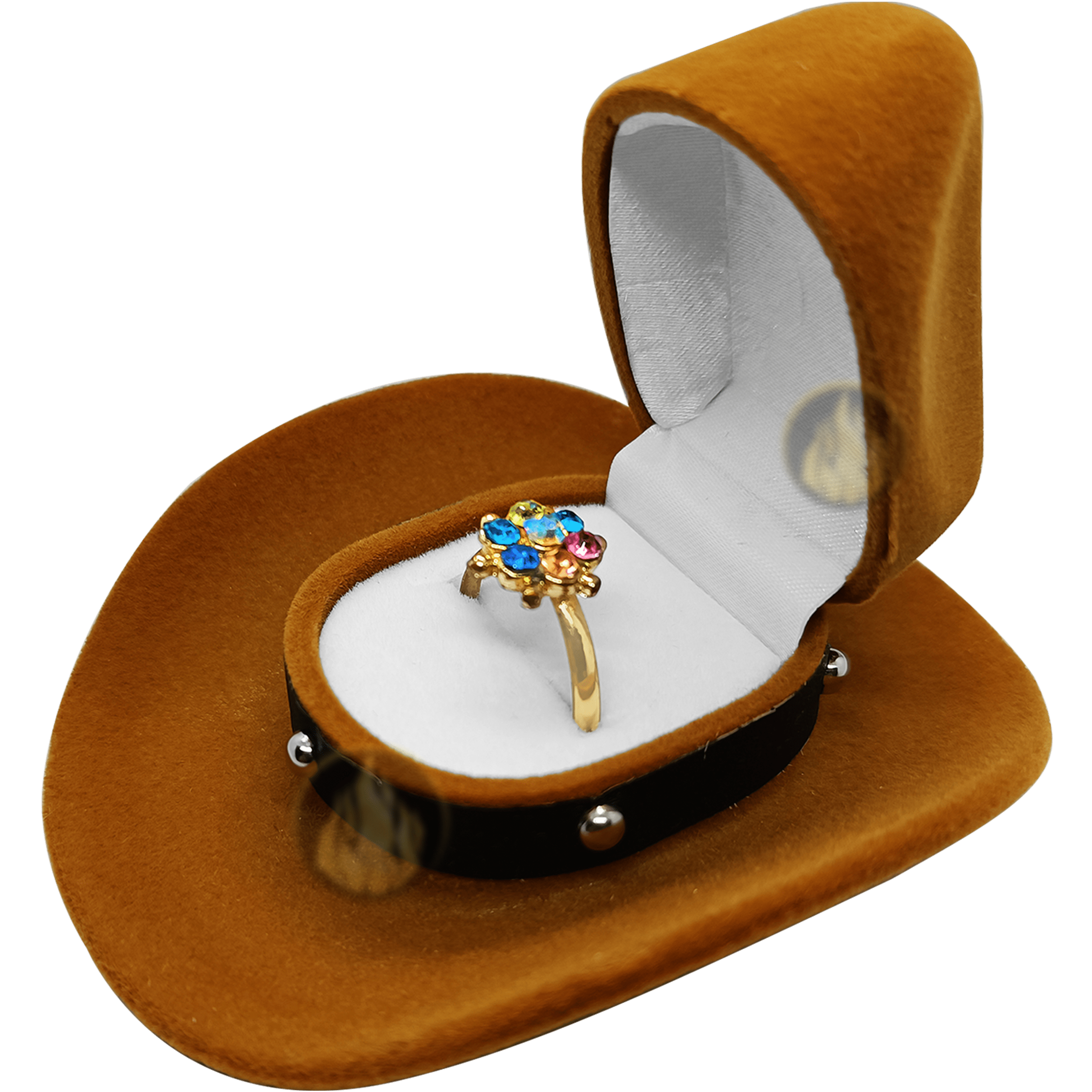 Caja Anillo De Compromiso Sombrero marca Caracter Fuego color café con interior afelpado para anillo o collar. Caracter Fuego estilo sombrero vaquero ideal para boda o propuesta de matrimonio.