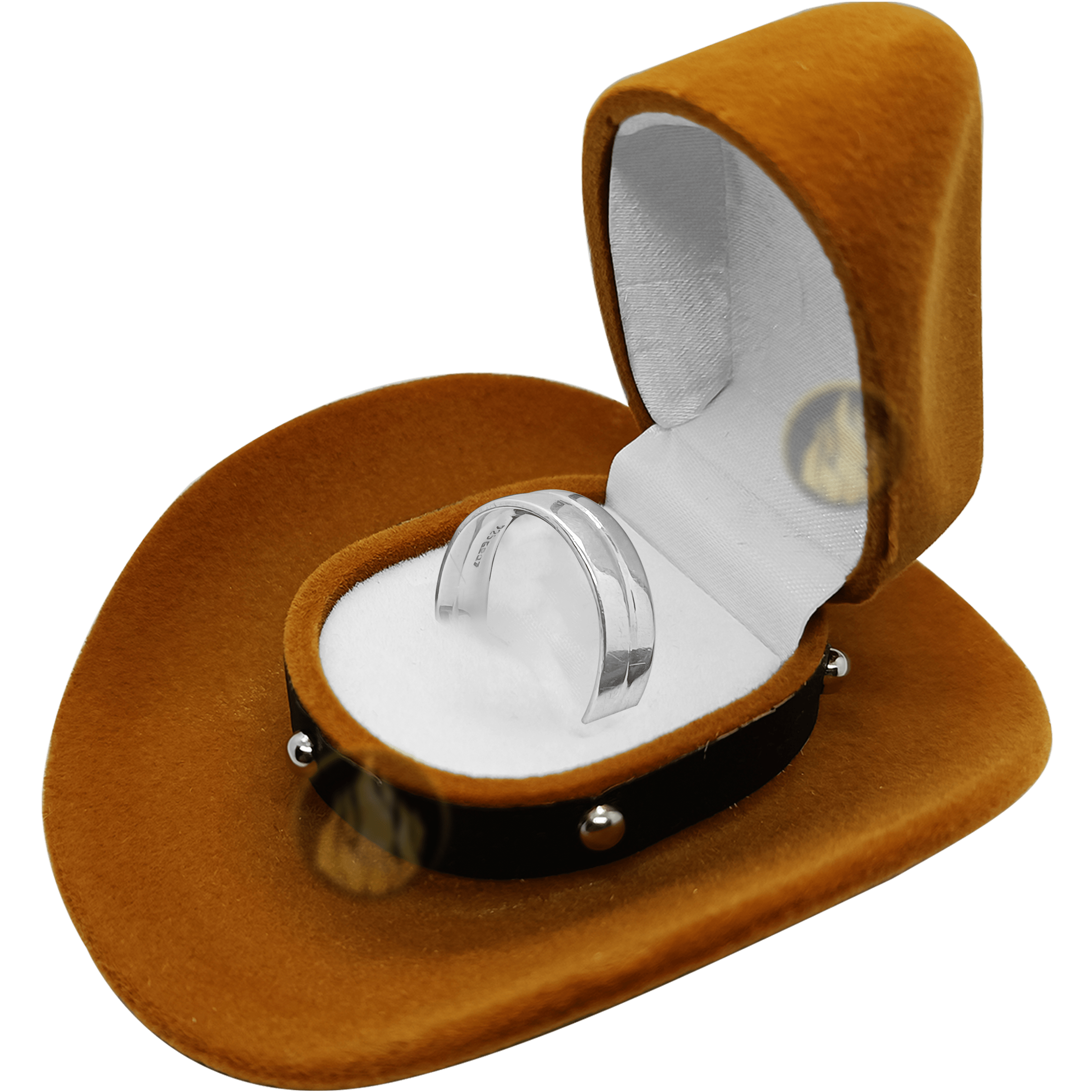 Caja Anillo De Compromiso Sombrero marca Caracter Fuego color café con interior afelpado para anillo o collar. Caracter Fuego estilo sombrero vaquero ideal para boda o propuesta de matrimonio.