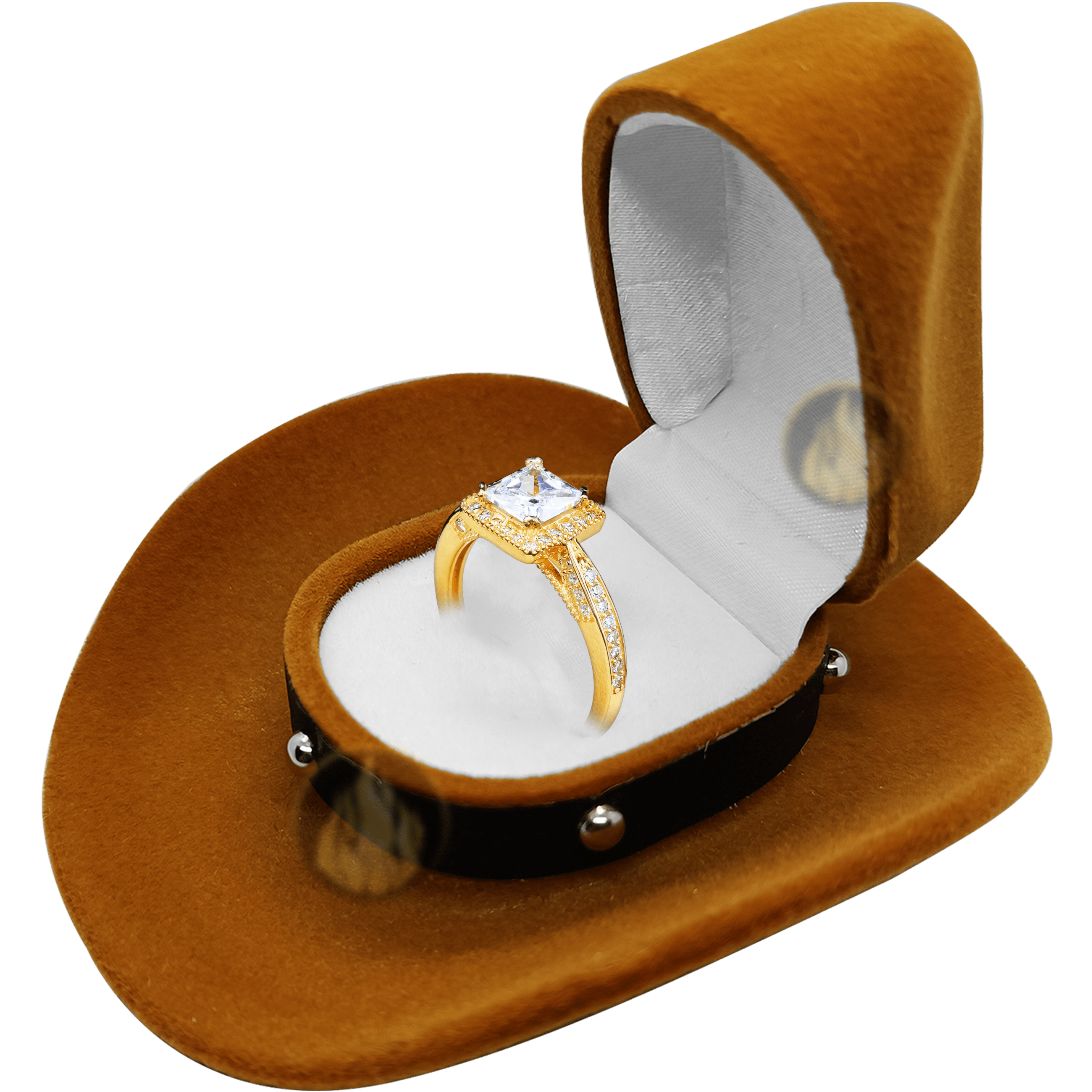 Caja Anillo De Compromiso Sombrero marca Caracter Fuego color café con interior afelpado para anillo o collar. Caracter Fuego estilo sombrero vaquero ideal para boda o propuesta de matrimonio.