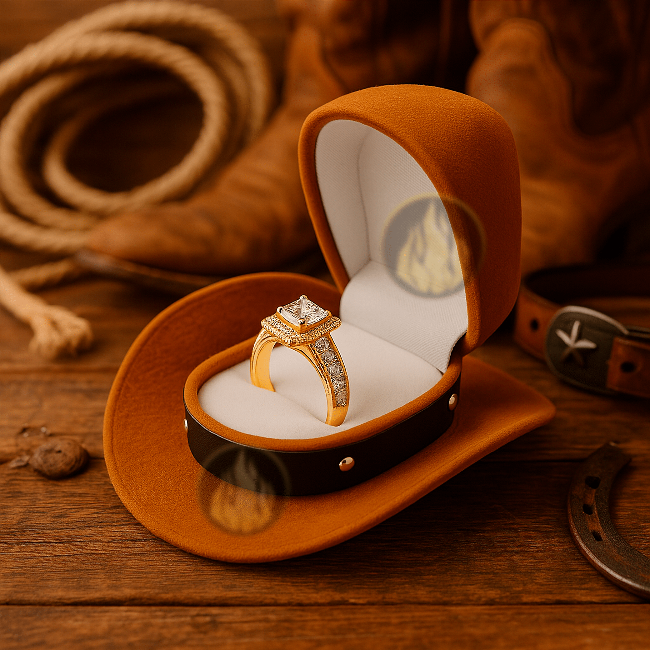 Caja Anillo De Compromiso Sombrero marca Caracter Fuego color café con interior afelpado para anillo o collar. Caracter Fuego estilo sombrero vaquero ideal para boda o propuesta de matrimonio.