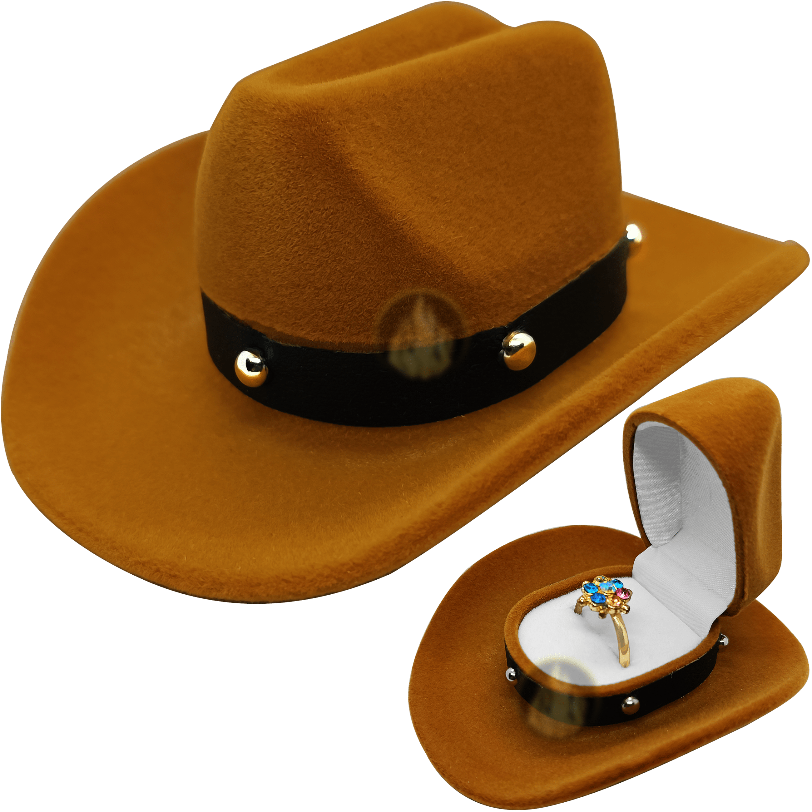 Caja Anillo De Compromiso Sombrero marca Caracter Fuego color café con interior afelpado para anillo o collar. Caracter Fuego estilo sombrero vaquero ideal para boda o propuesta de matrimonio.