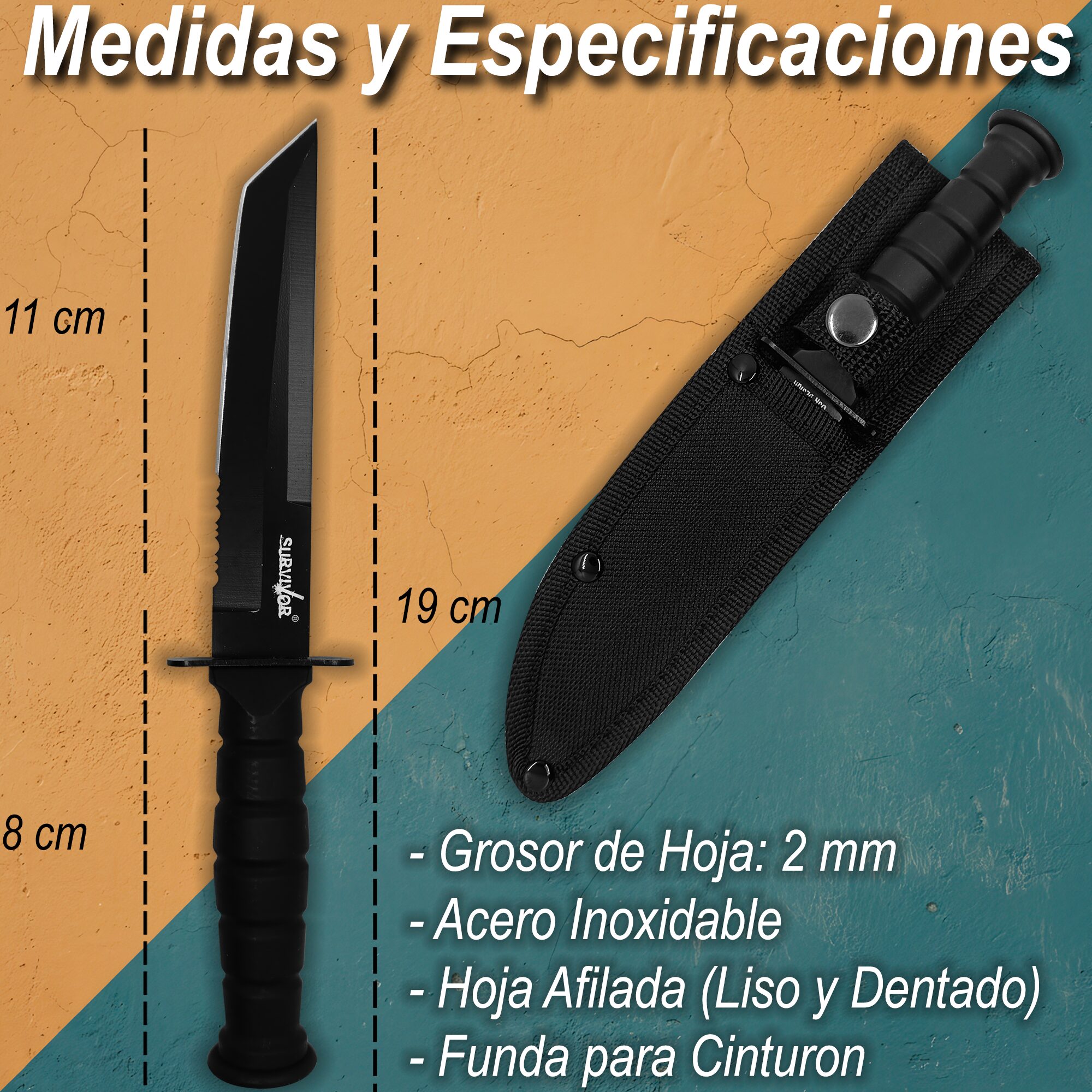 Cuchillo Tactico Caza Acero Survivor con funda para cinturón y hoja tipo tanto modelo HK-1023TN Cuchillo Tactico Caza Acero Survivor de acero inoxidable con diseño tipo katana y excelente agarre
