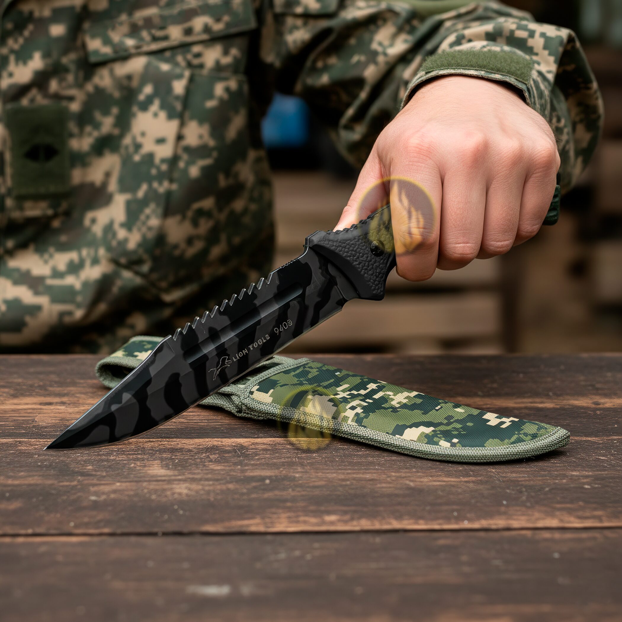 Cuchillo Caza Táctico Campismo Supervivencia Lion Tools con hoja de acero inoxidable 420 y funda de nylon para cinturón. marca Lion Tools modelo 9403 con hoja afilada de 17.7 cm y mango resistente.