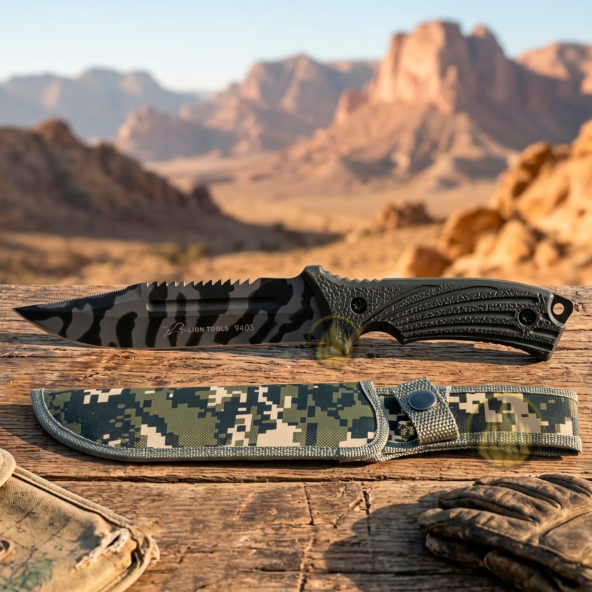 Cuchillo Caza Táctico Campismo Supervivencia Lion Tools con hoja de acero inoxidable 420 y funda de nylon para cinturón. marca Lion Tools modelo 9403 con hoja afilada de 17.7 cm y mango resistente.