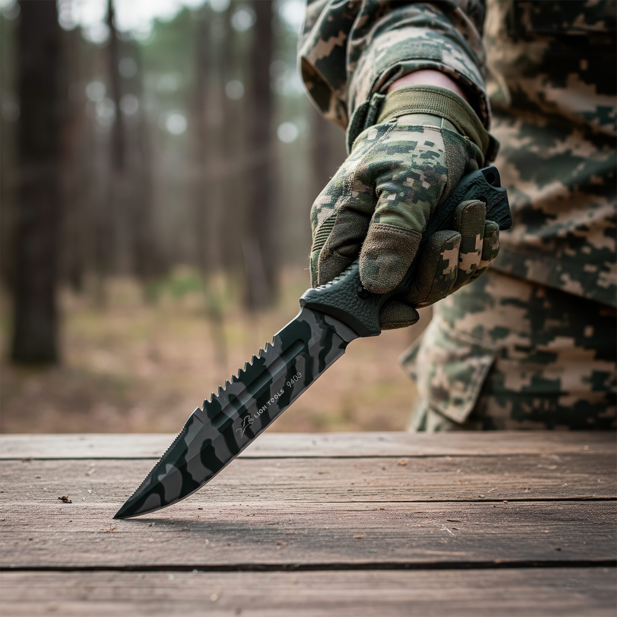 Cuchillo Caza Táctico Campismo Supervivencia Lion Tools con hoja de acero inoxidable 420 y funda de nylon para cinturón. marca Lion Tools modelo 9403 con hoja afilada de 17.7 cm y mango resistente.