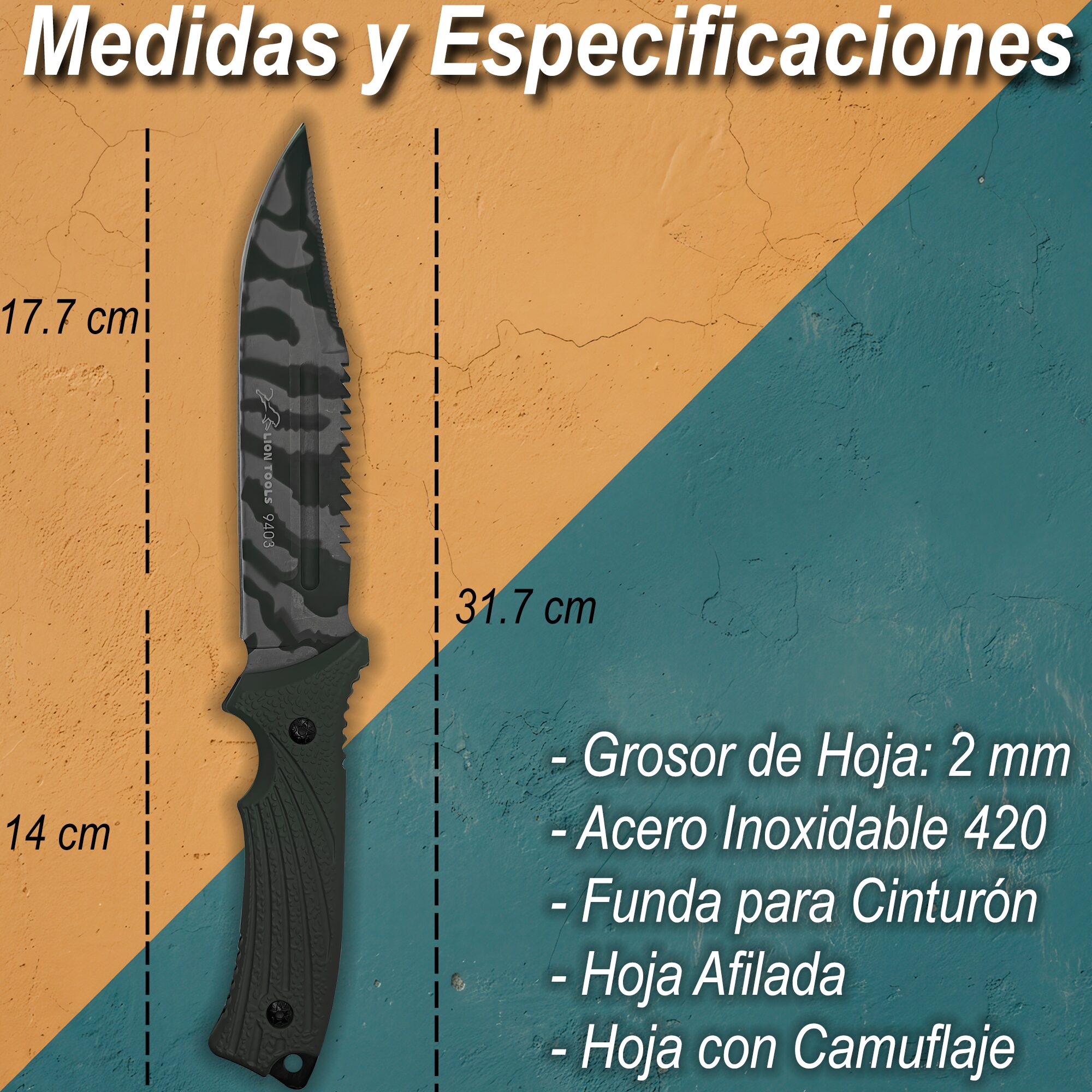Cuchillo Caza Táctico Campismo Supervivencia Lion Tools con hoja de acero inoxidable 420 y funda de nylon para cinturón. marca Lion Tools modelo 9403 con hoja afilada de 17.7 cm y mango resistente.