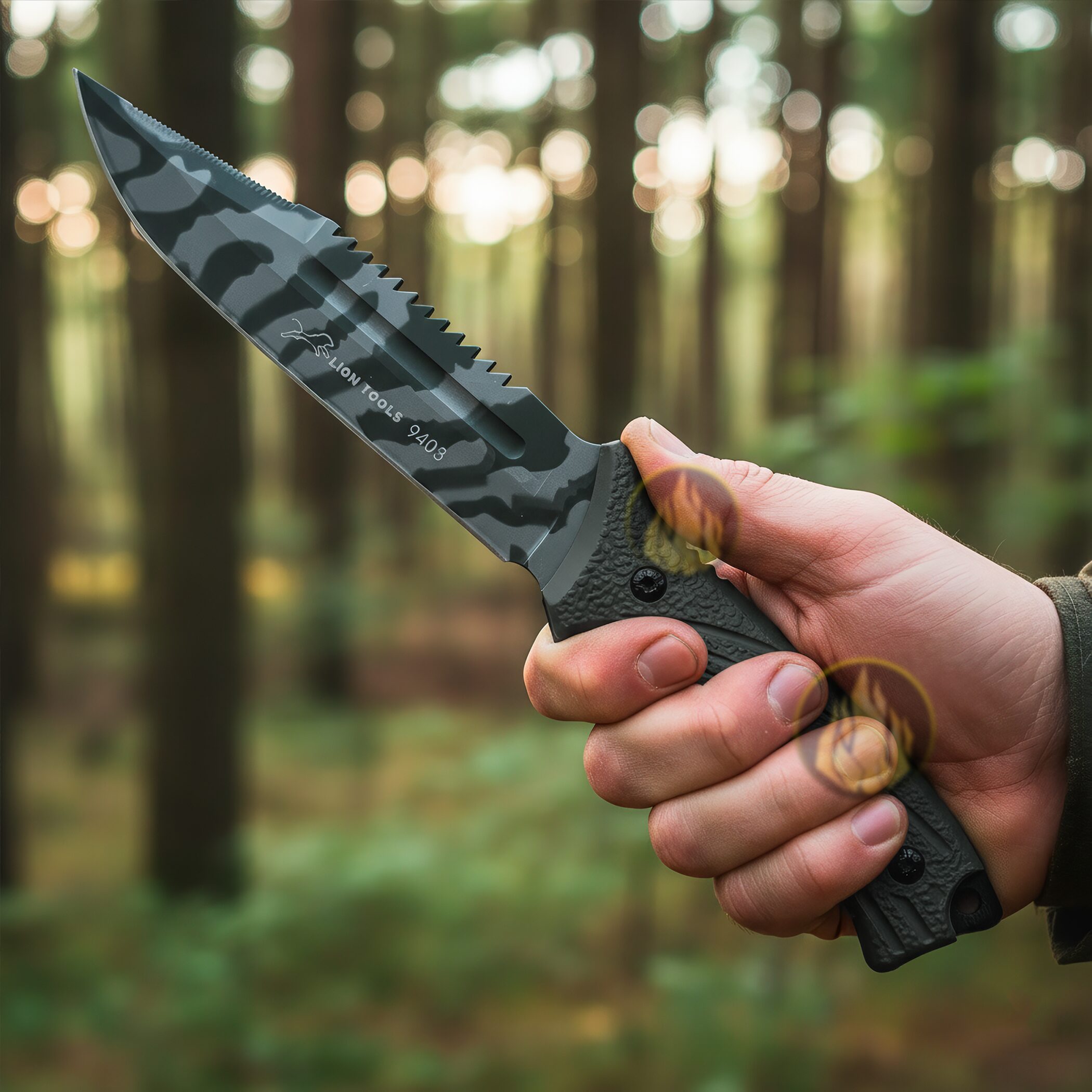 Cuchillo Caza Táctico Campismo Supervivencia Lion Tools con hoja de acero inoxidable 420 y funda de nylon para cinturón. marca Lion Tools modelo 9403 con hoja afilada de 17.7 cm y mango resistente.