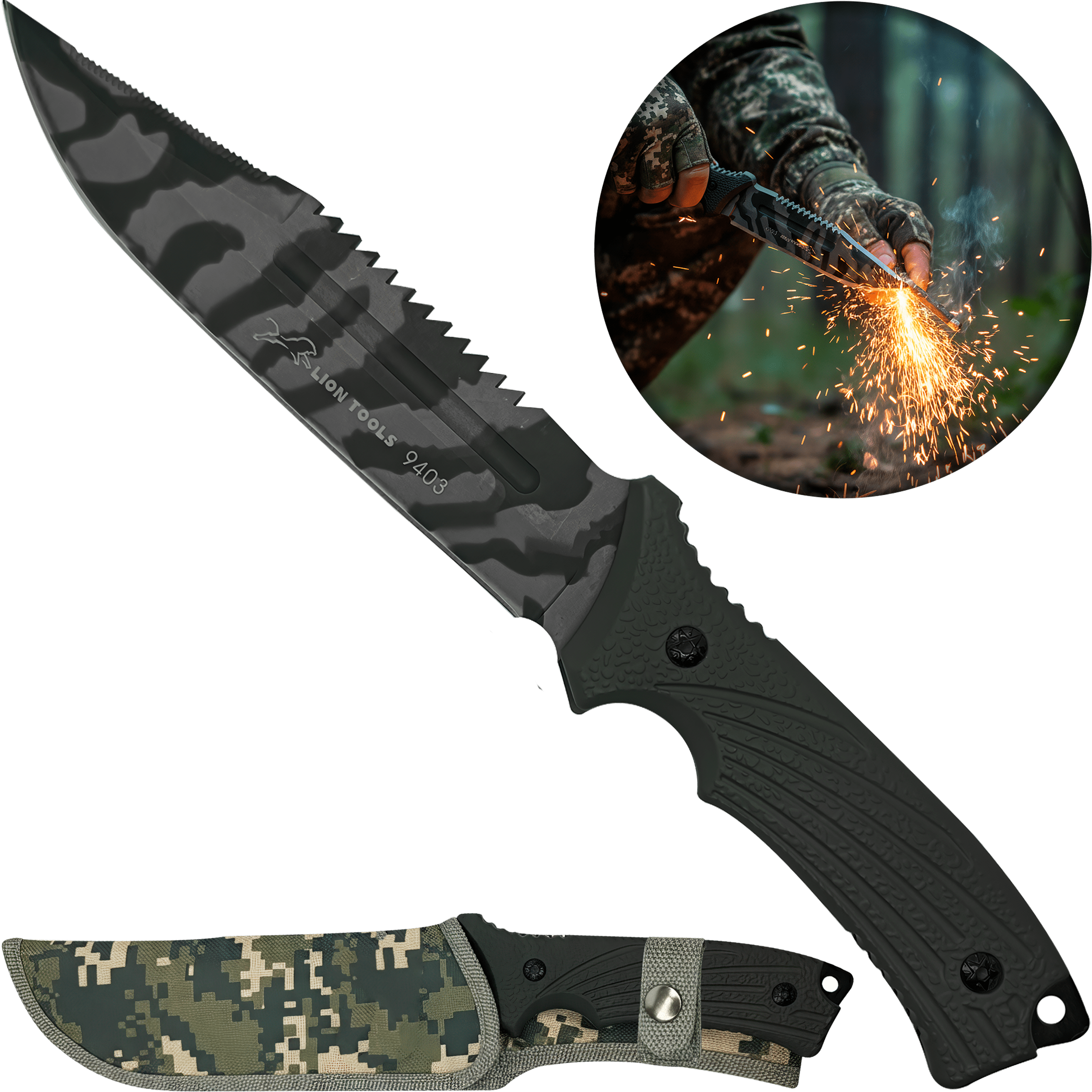 Cuchillo Caza Táctico Campismo Supervivencia Lion Tools con hoja de acero inoxidable 420 y funda de nylon para cinturón. marca Lion Tools modelo 9403 con hoja afilada de 17.7 cm y mango resistente.