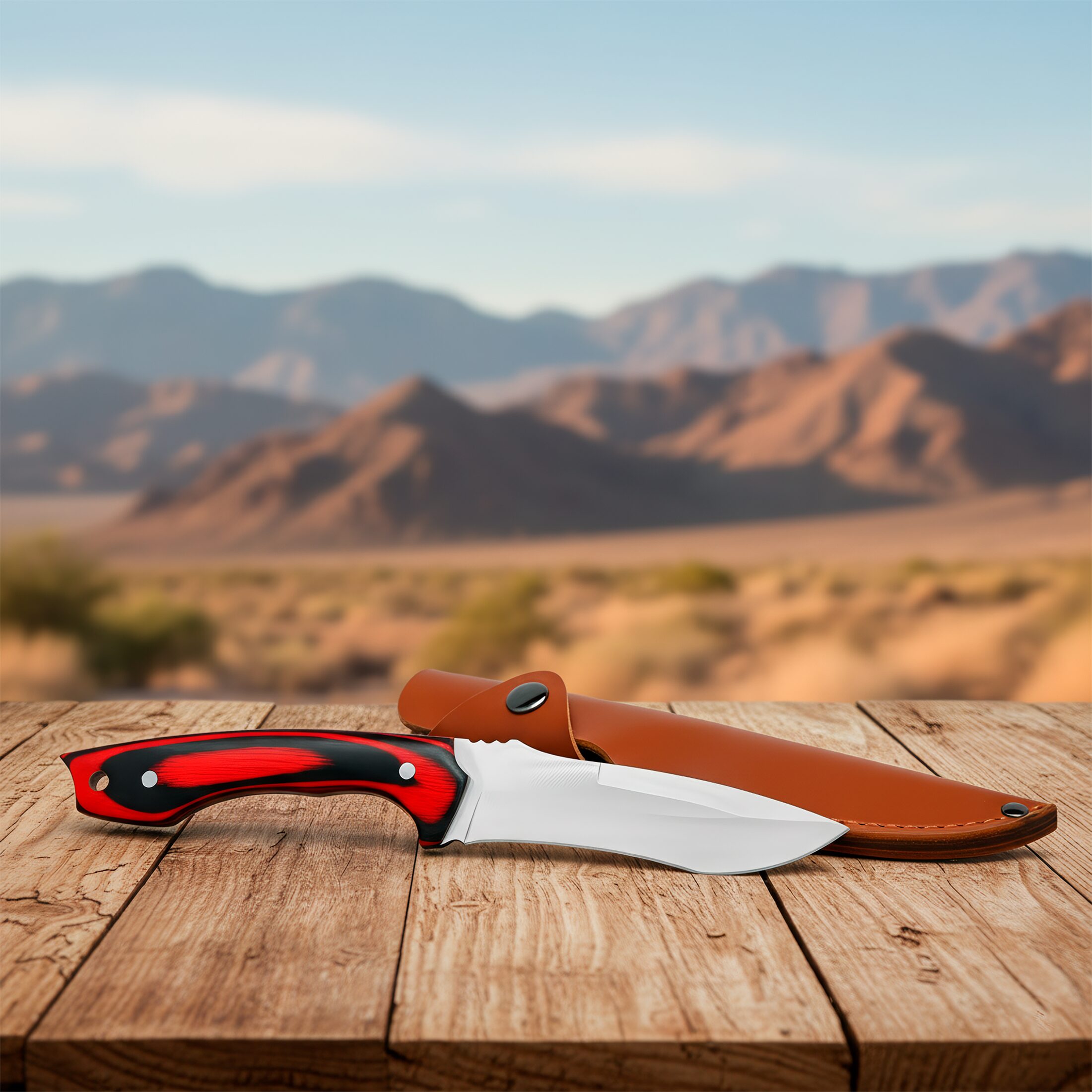 Cuchillo de Caza Campismo Hunter con mango de madera y hoja de acero inoxidable 440 con funda de cuero Cuchillo de Caza Campismo Hunter marca Hunter modelo RT 9025WD con diseño militar y funda para cinturón