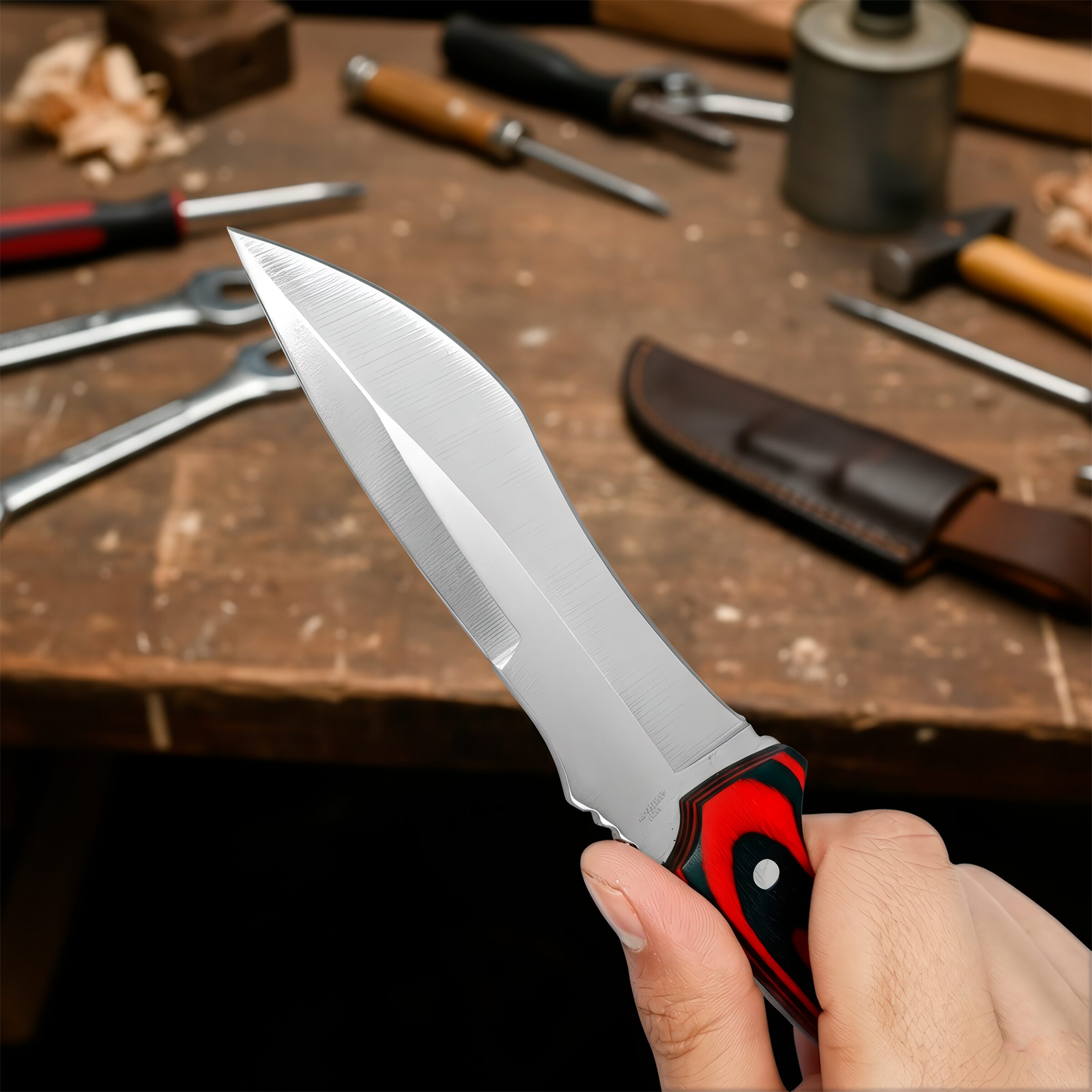 Cuchillo de Caza Campismo Hunter con mango de madera y hoja de acero inoxidable 440 con funda de cuero Cuchillo de Caza Campismo Hunter marca Hunter modelo RT 9025WD con diseño militar y funda para cinturón