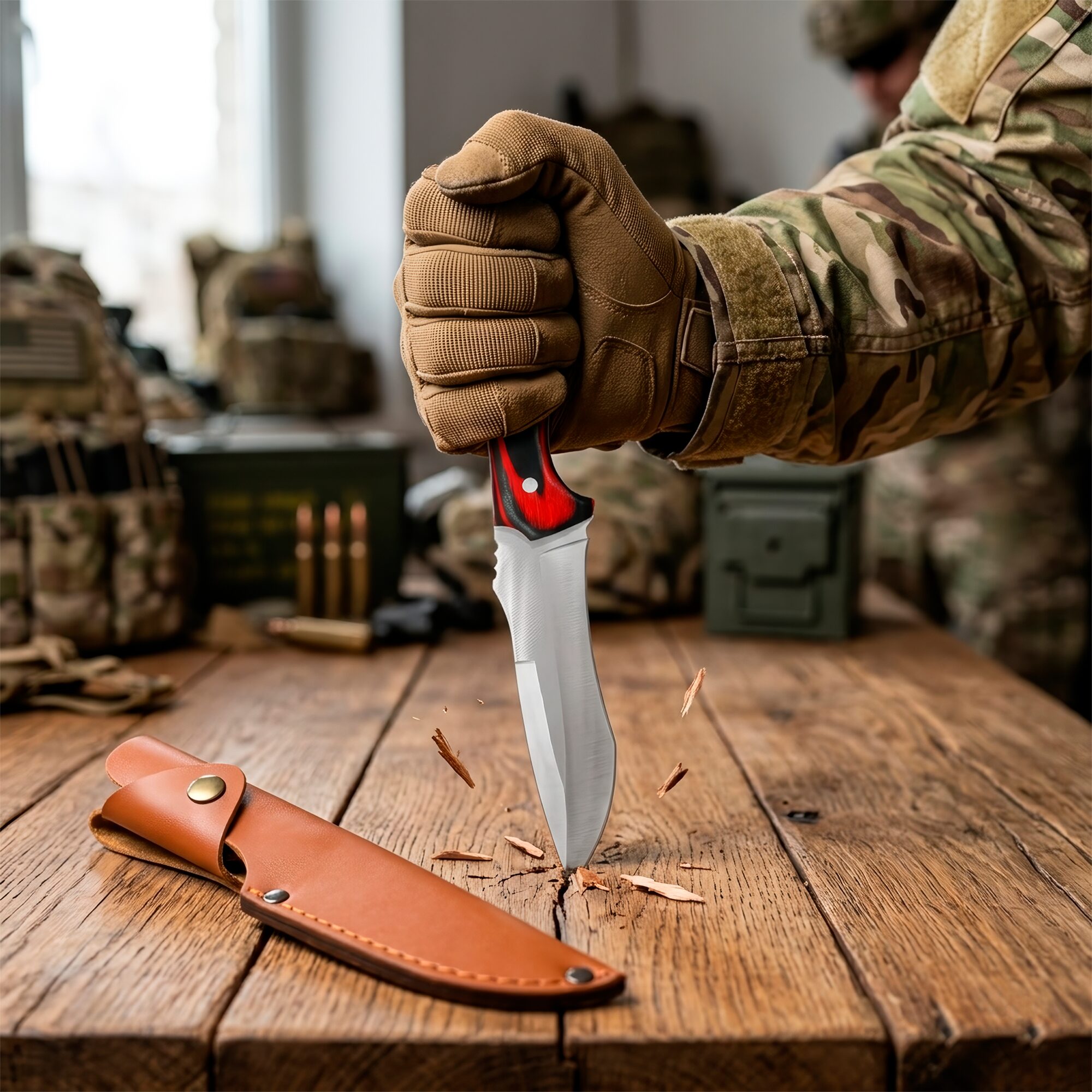 Cuchillo de Caza Campismo Hunter con mango de madera y hoja de acero inoxidable 440 con funda de cuero Cuchillo de Caza Campismo Hunter marca Hunter modelo RT 9025WD con diseño militar y funda para cinturón