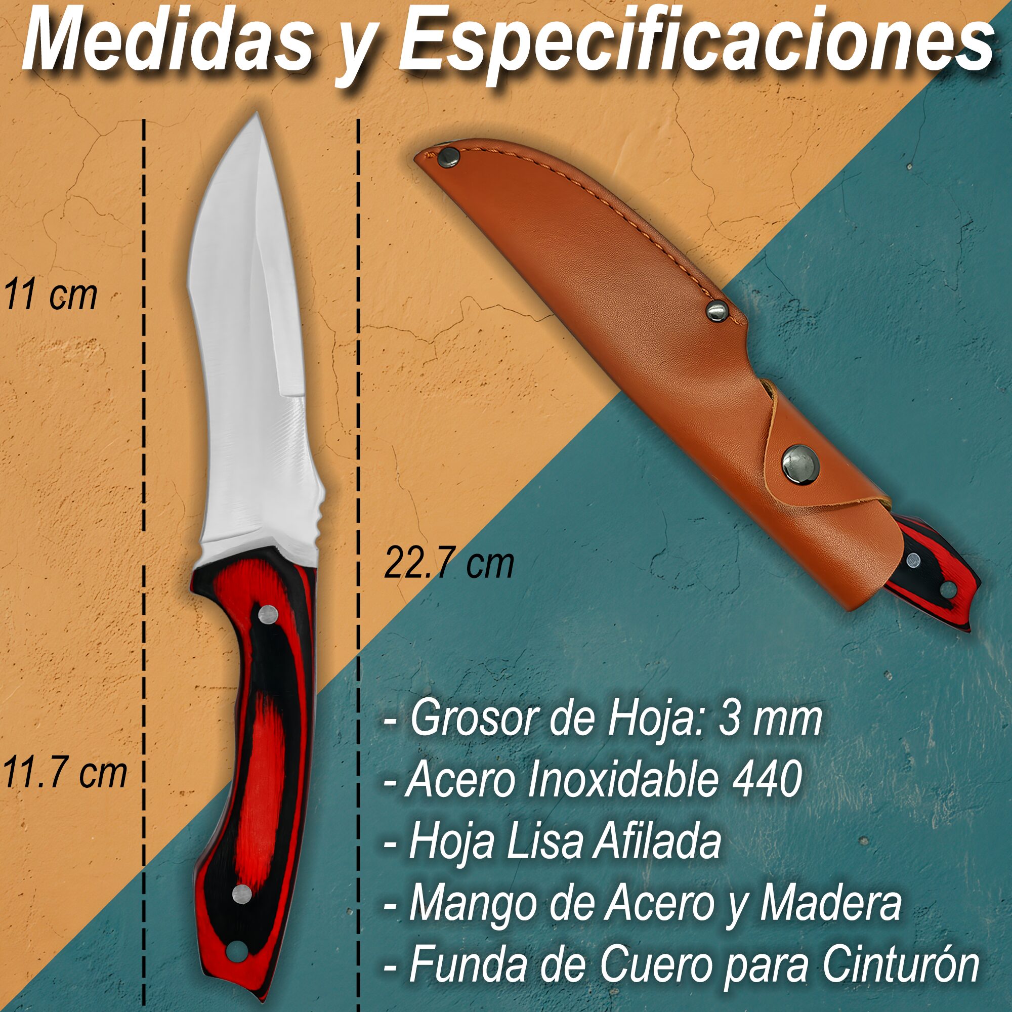 Cuchillo de Caza Campismo Hunter con mango de madera y hoja de acero inoxidable 440 con funda de cuero Cuchillo de Caza Campismo Hunter marca Hunter modelo RT 9025WD con diseño militar y funda para cinturón