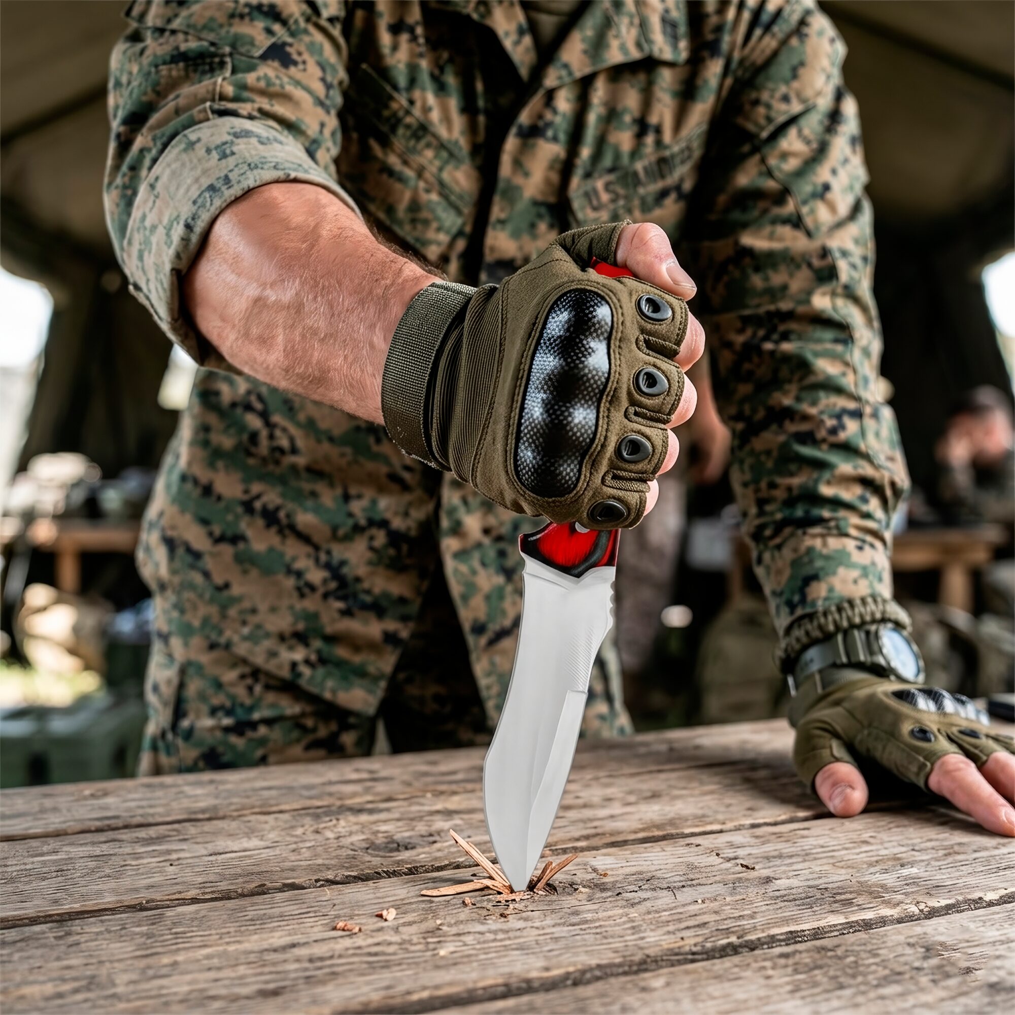 Cuchillo de Caza Campismo Hunter con mango de madera y hoja de acero inoxidable 440 con funda de cuero Cuchillo de Caza Campismo Hunter marca Hunter modelo RT 9025WD con diseño militar y funda para cinturón