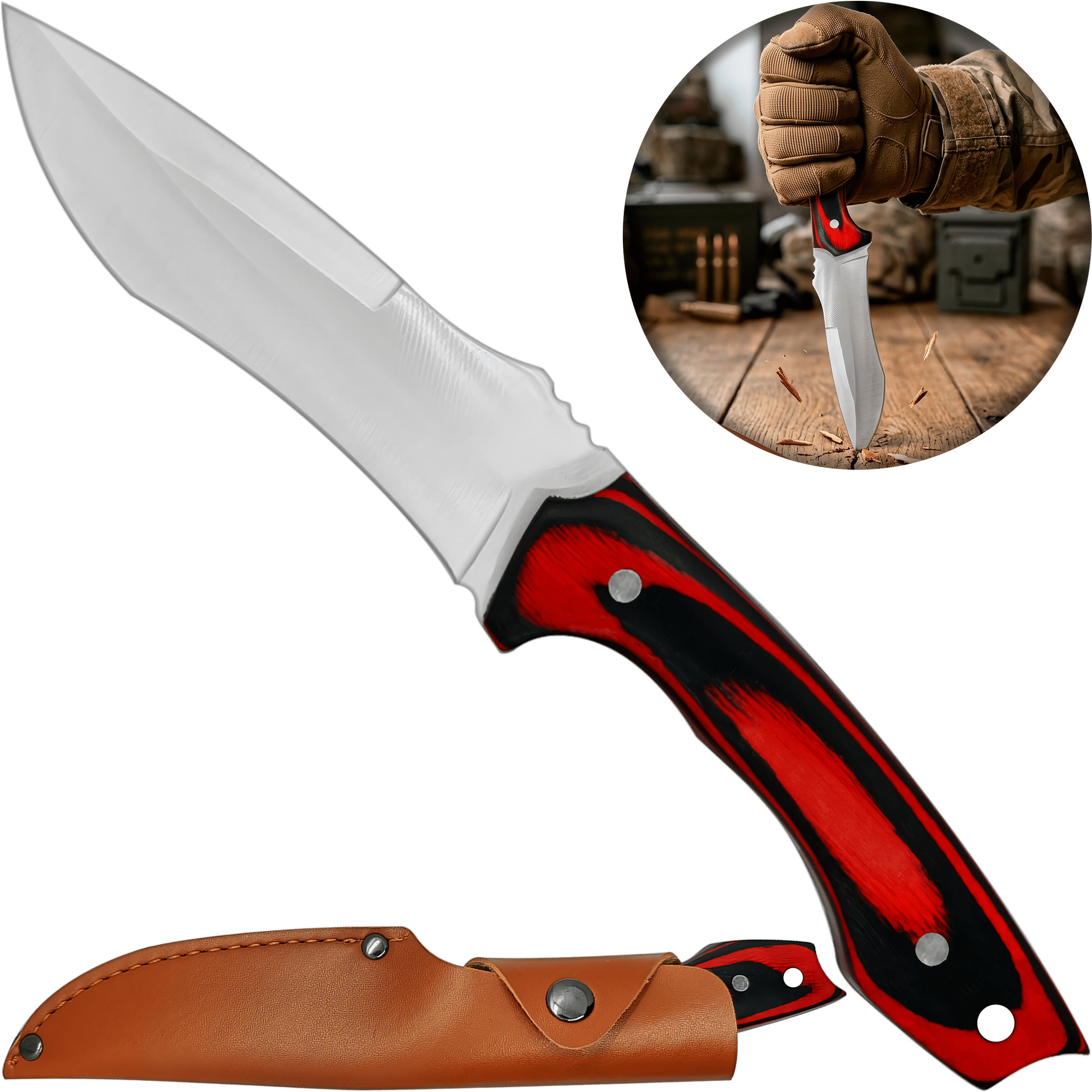 Cuchillo de Caza Campismo Hunter con mango de madera y hoja de acero inoxidable 440 con funda de cuero Cuchillo de Caza Campismo Hunter marca Hunter modelo RT 9025WD con diseño militar y funda para cinturón