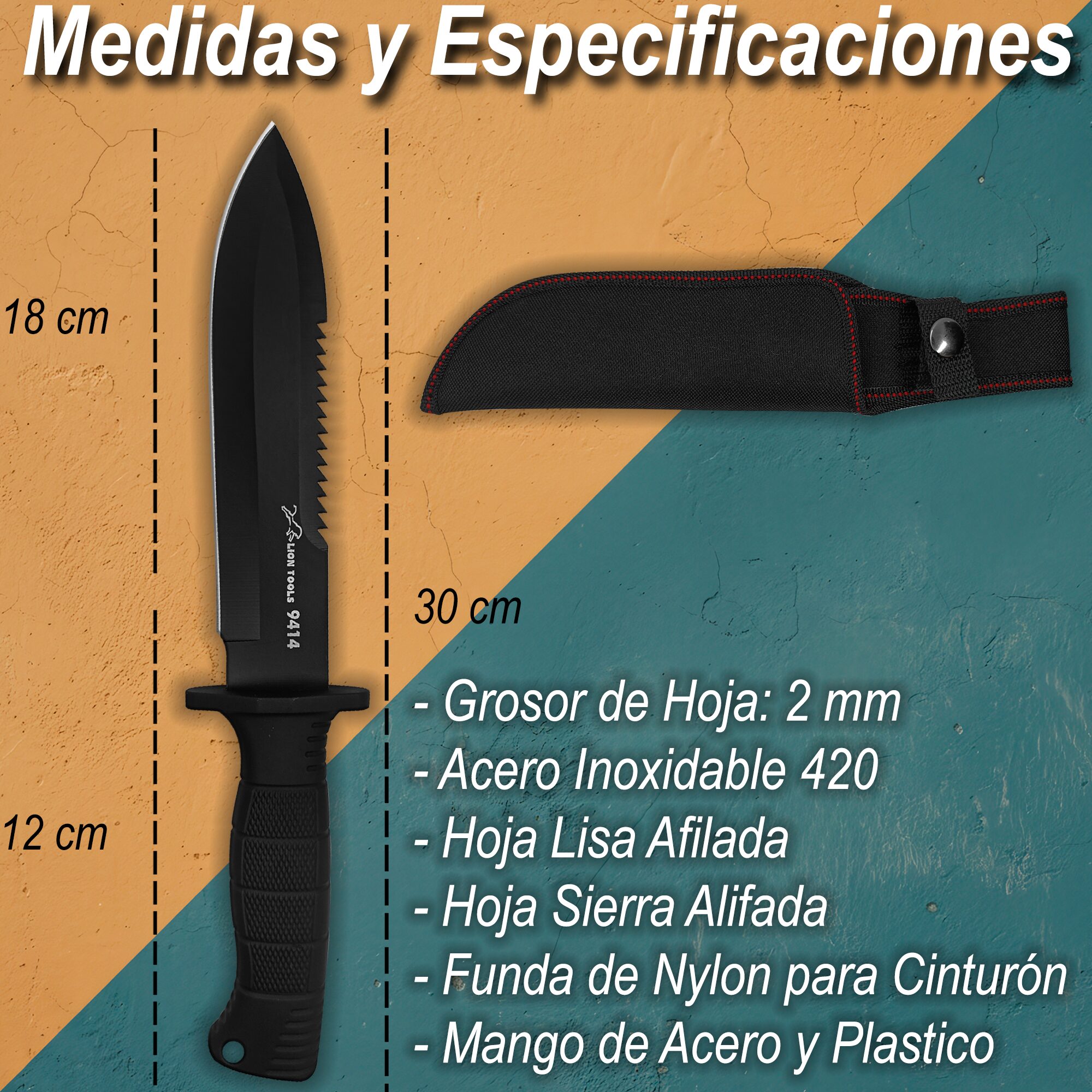 Cuchillo Doble Filo Táctico Militar Lion Tools con hoja de acero inoxidable 420 de 18 cm y funda de nylon para cinturón. Cuchillo Doble Filo Táctico Militar marca Lion Tools modelo 9414 con hoja afilada de doble filo y mango resistente.