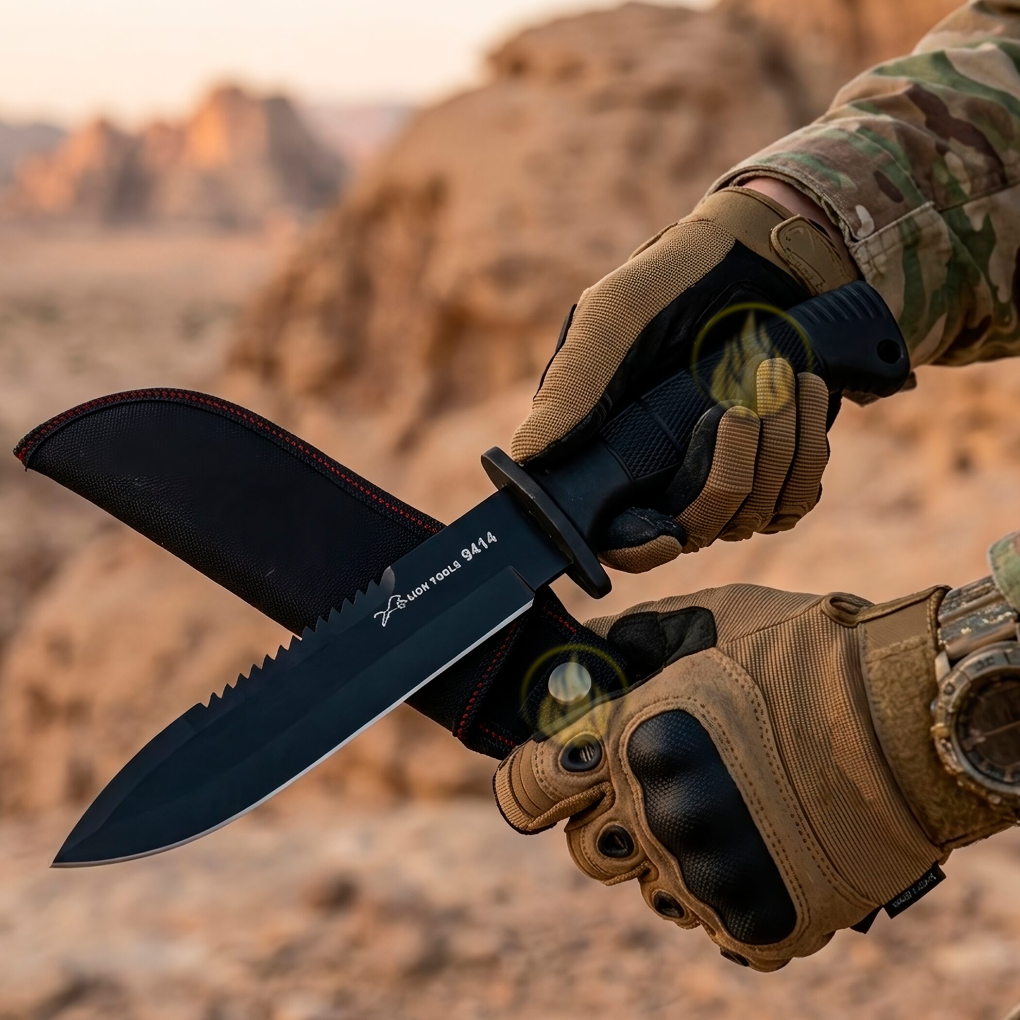 Cuchillo Doble Filo Táctico Militar Lion Tools con hoja de acero inoxidable 420 de 18 cm y funda de nylon para cinturón. Cuchillo Doble Filo Táctico Militar marca Lion Tools modelo 9414 con hoja afilada de doble filo y mango resistente.