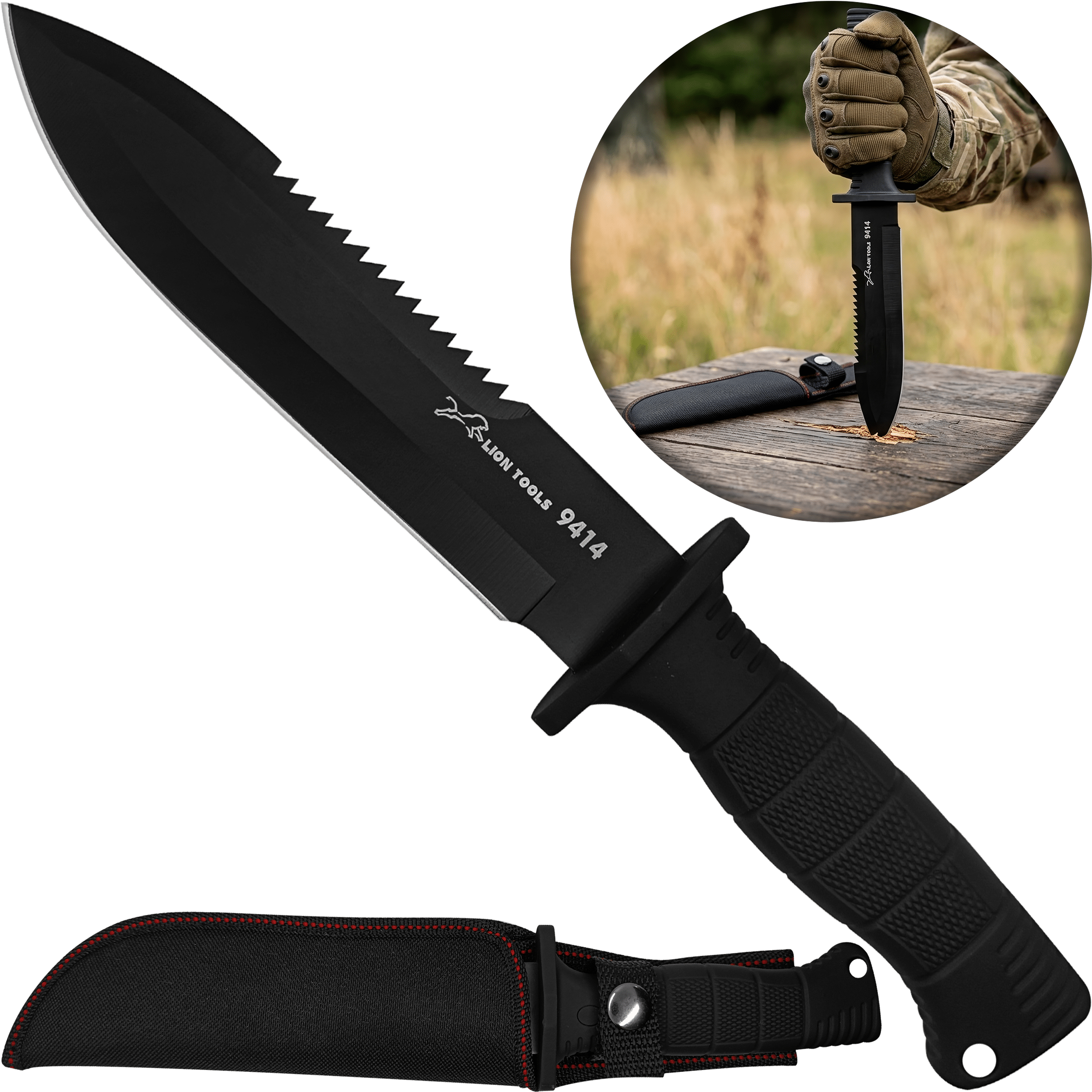Cuchillo Doble Filo Táctico Militar Lion Tools con hoja de acero inoxidable 420 de 18 cm y funda de nylon para cinturón. Cuchillo Doble Filo Táctico Militar marca Lion Tools modelo 9414 con hoja afilada de doble filo y mango resistente.