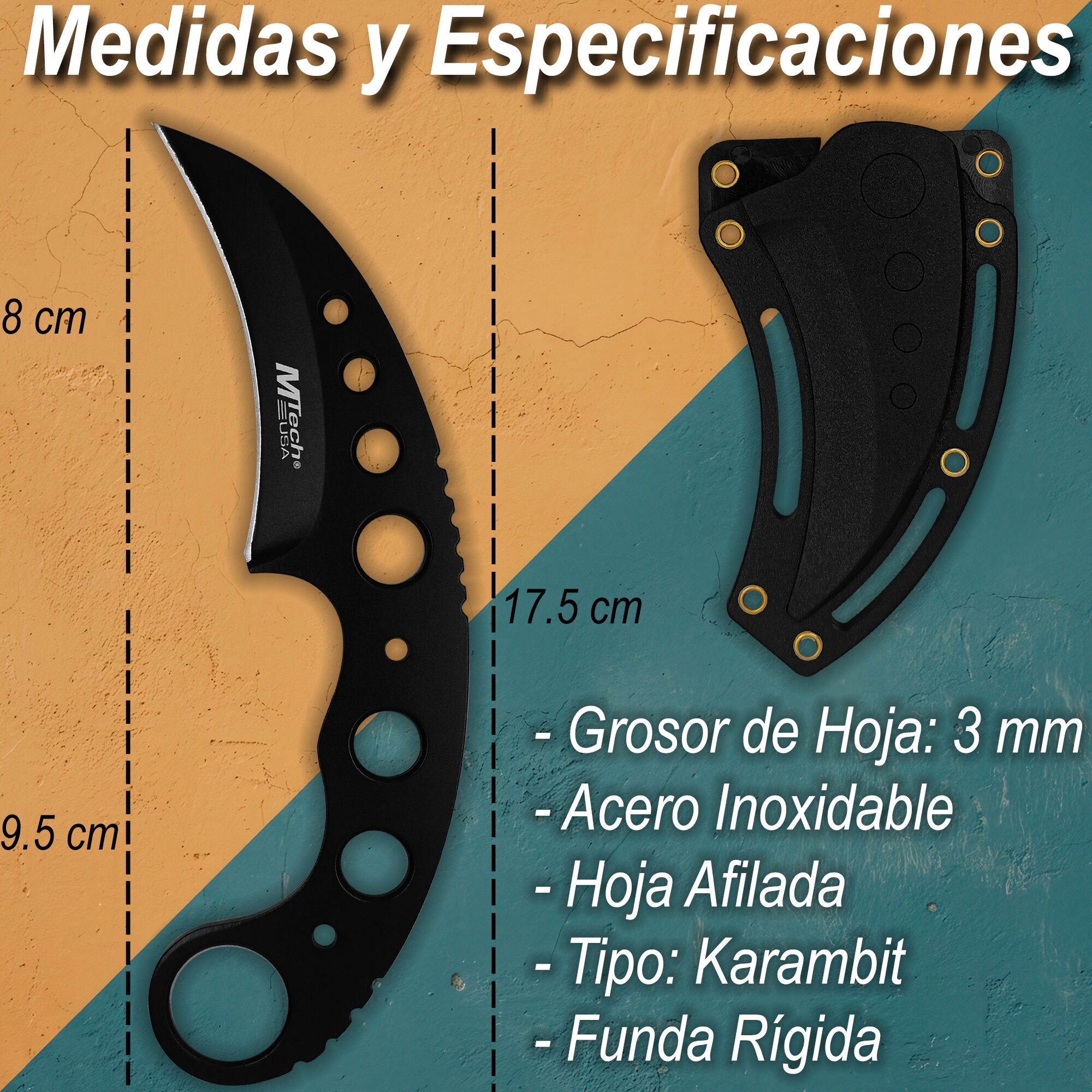 Cuchillo Karambit Uso Rudo MTech USA con funda rígida para cinturón y hoja de acero inoxidable modelo MT-664BK