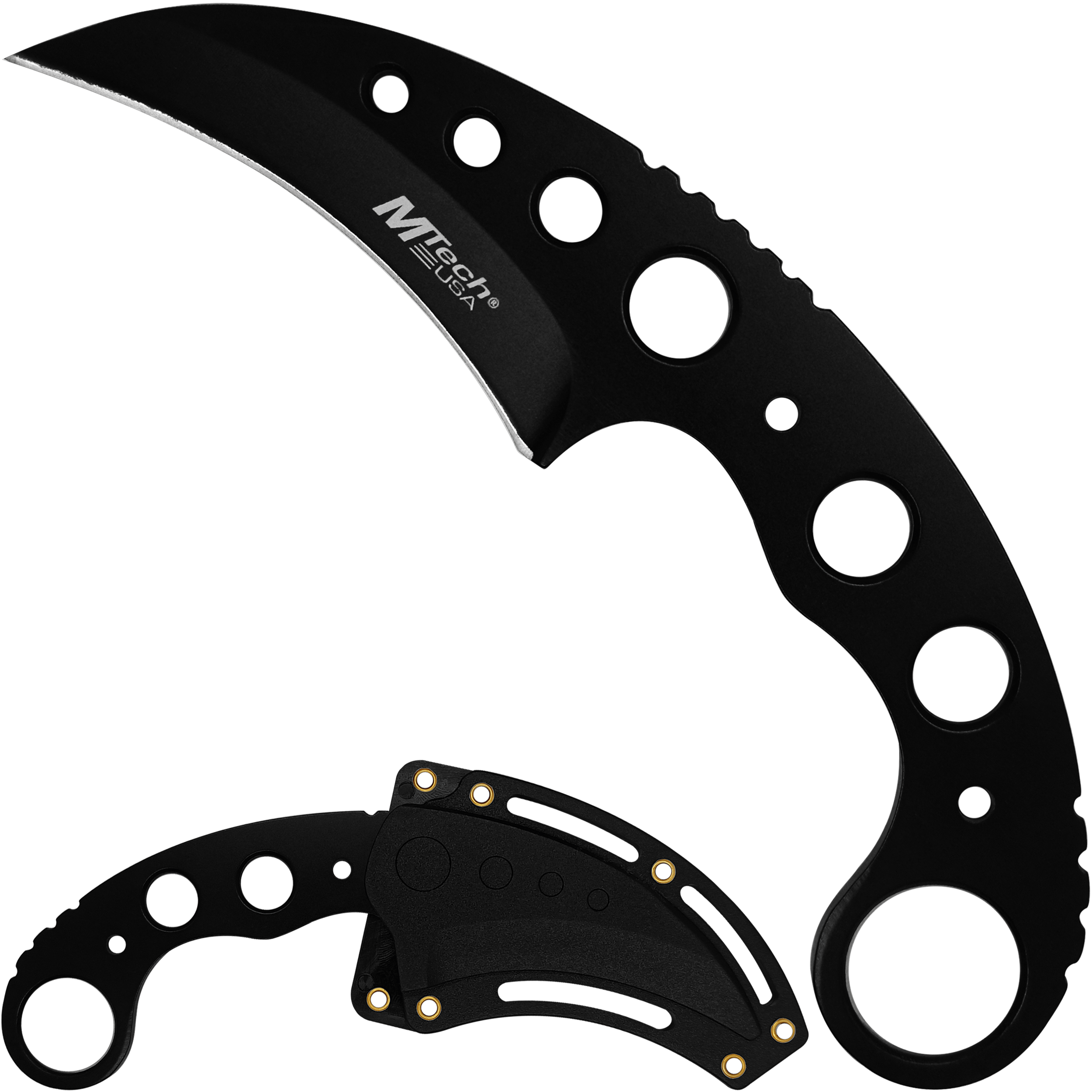 Cuchillo Karambit Uso Rudo MTech USA con funda rígida para cinturón y hoja de acero inoxidable modelo MT-664BK