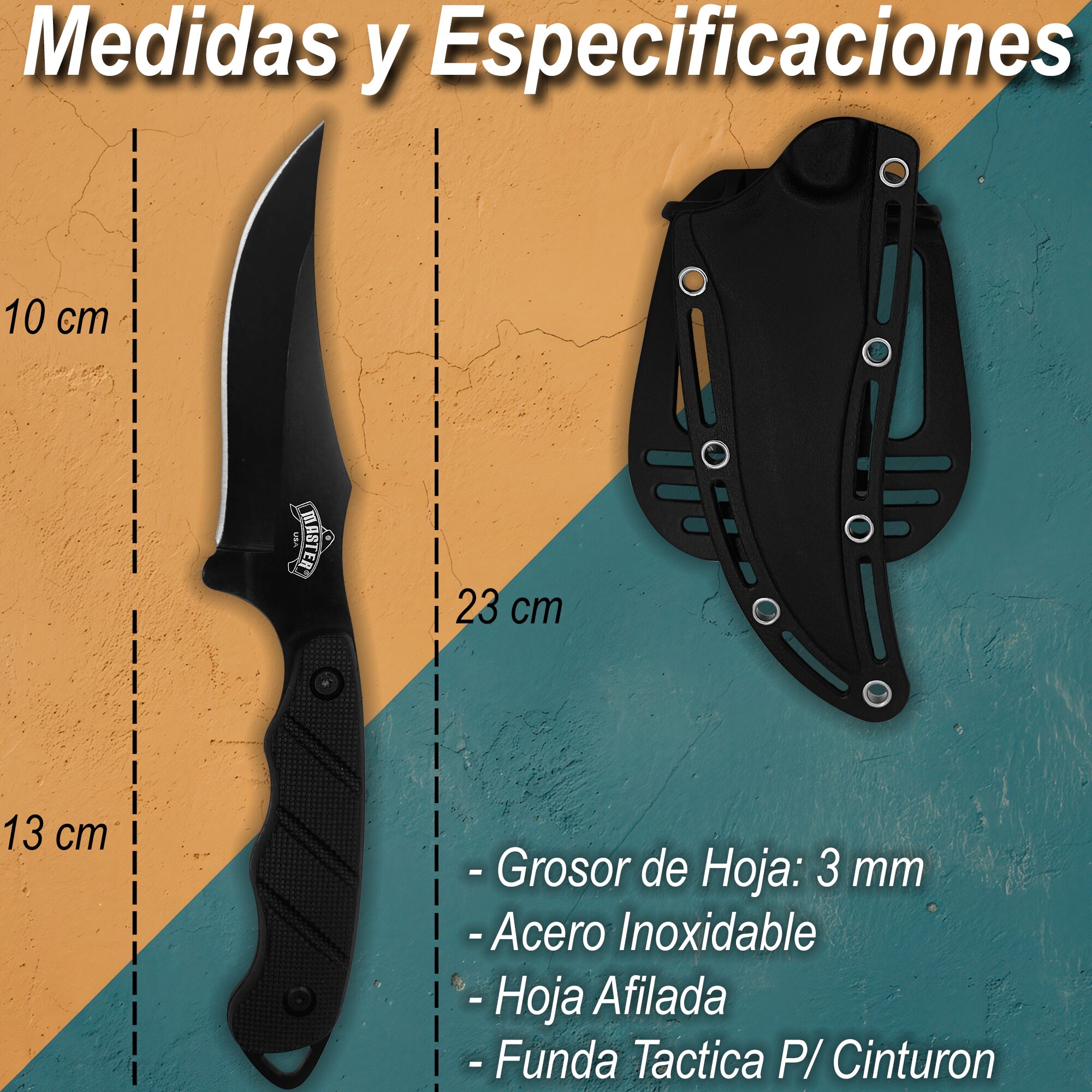 Cuchillo Táctico Campismo Master Usa con funda rígida para cinturón, hoja de acero inoxidable afilada modelo MU-1148 Cuchillo Táctico Campismo Master Usa militar con mango ergonómico y excelente agarre al tacto