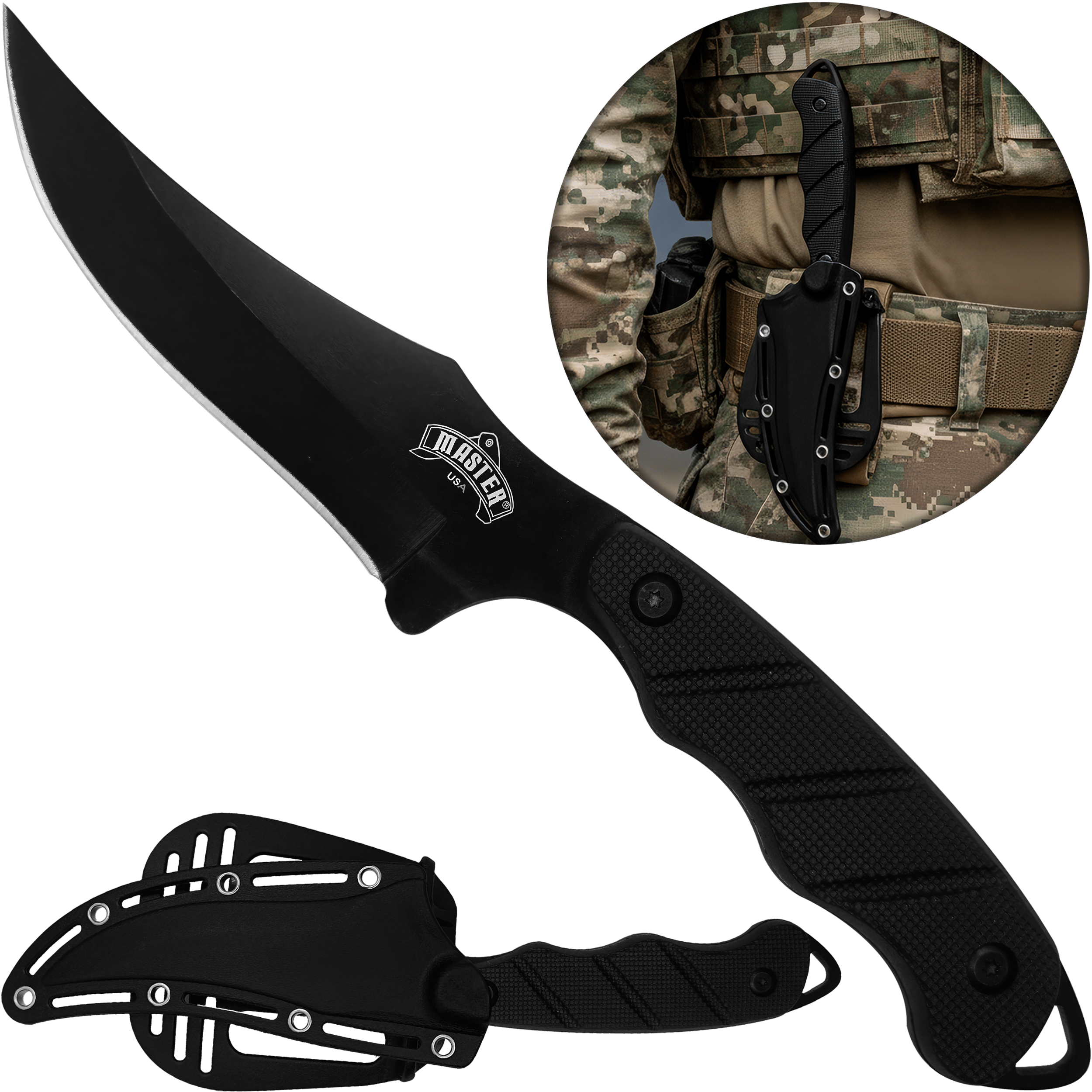 Cuchillo Táctico Campismo Master Usa con funda rígida para cinturón, hoja de acero inoxidable afilada modelo MU-1148 Cuchillo Táctico Campismo Master Usa militar con mango ergonómico y excelente agarre al tacto