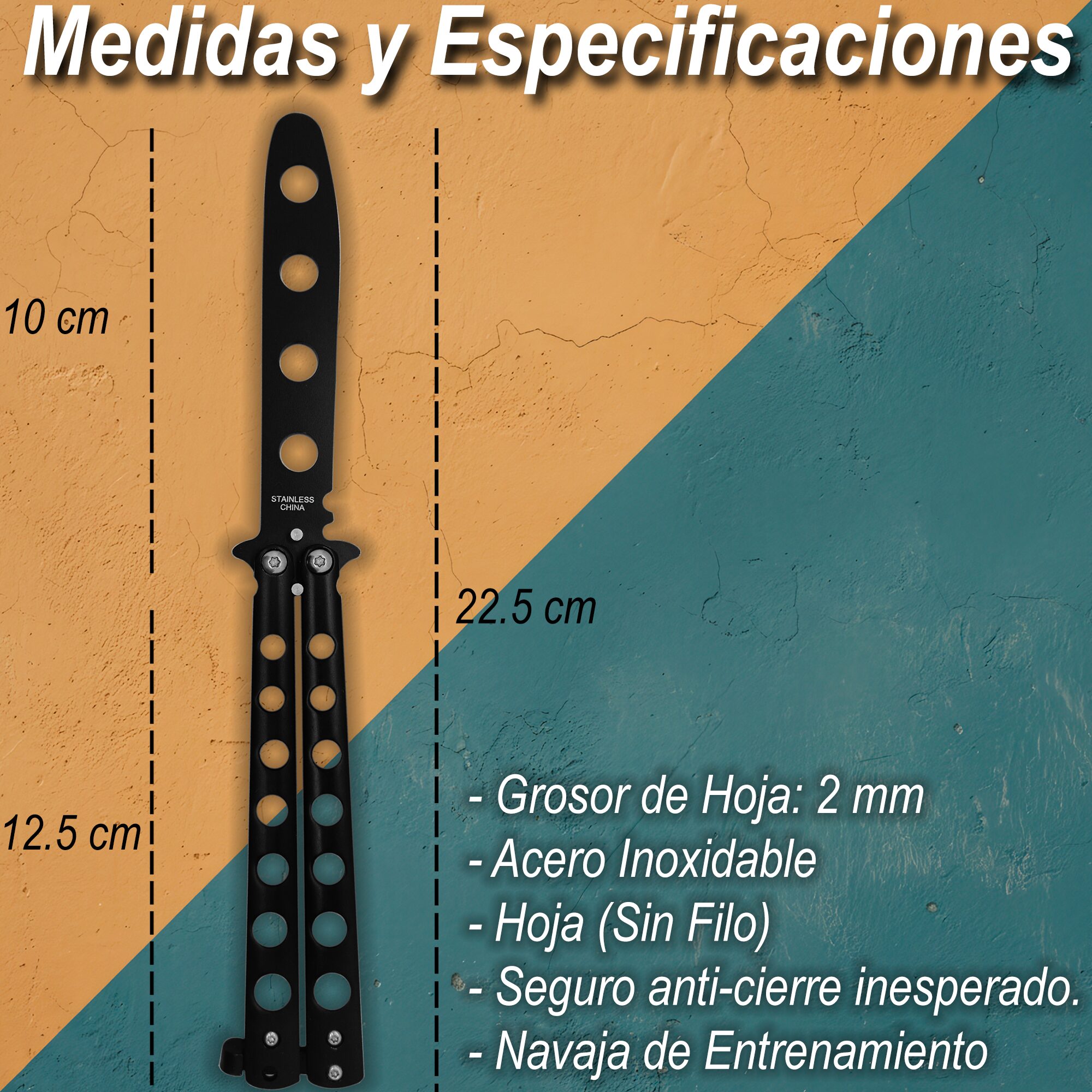 Cuchillo Navaja Mariposa Balisong de entrenamiento sin filo con estructura de acero inoxidable seguro Cuchillo Navaja Mariposa marca Balisong modelo YC-306B con diseño balisong para práctica segura