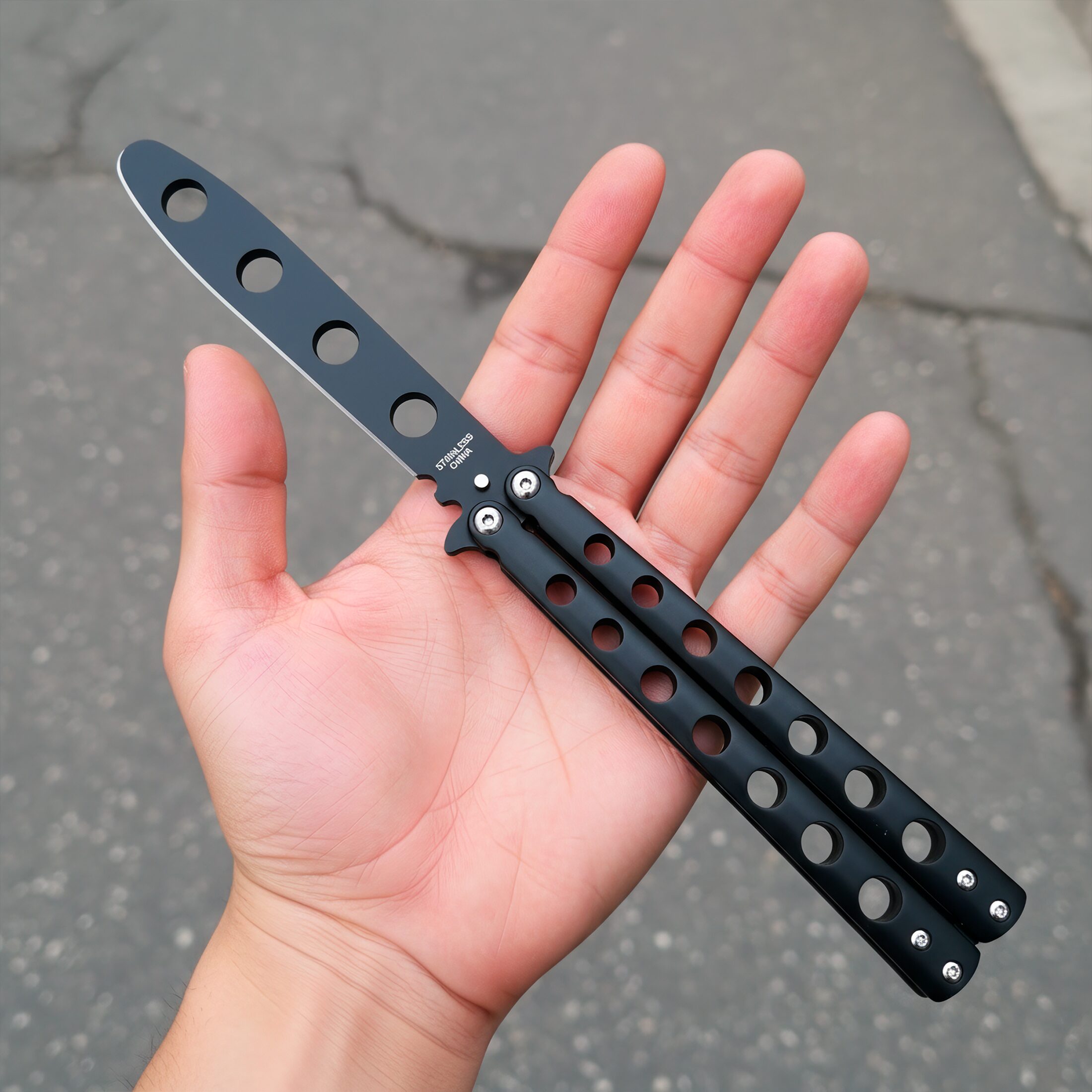 Cuchillo Navaja Mariposa Balisong de entrenamiento sin filo con estructura de acero inoxidable seguro Cuchillo Navaja Mariposa marca Balisong modelo YC-306B con diseño balisong para práctica segura