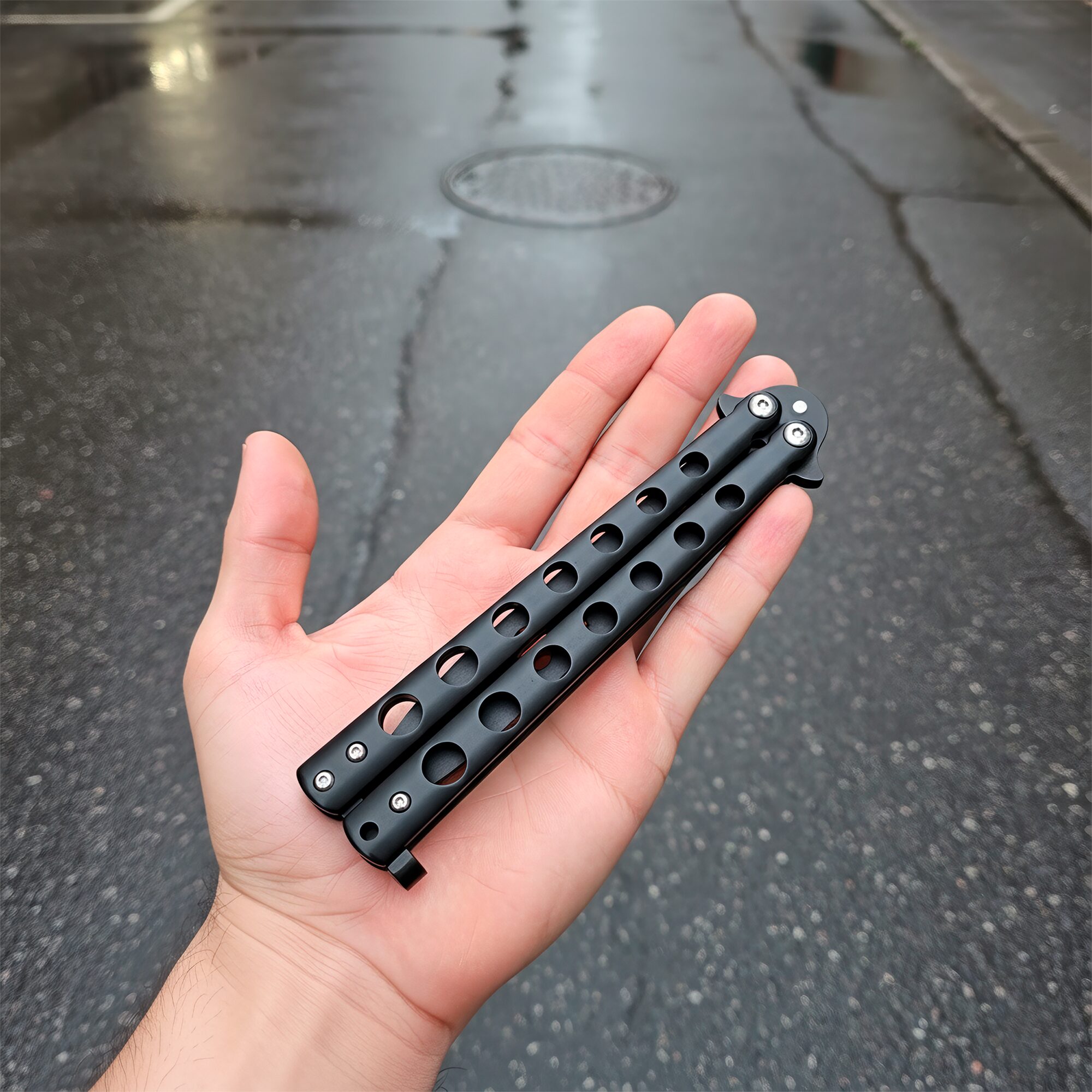 Cuchillo Navaja Mariposa Balisong de entrenamiento sin filo con estructura de acero inoxidable seguro Cuchillo Navaja Mariposa marca Balisong modelo YC-306B con diseño balisong para práctica segura