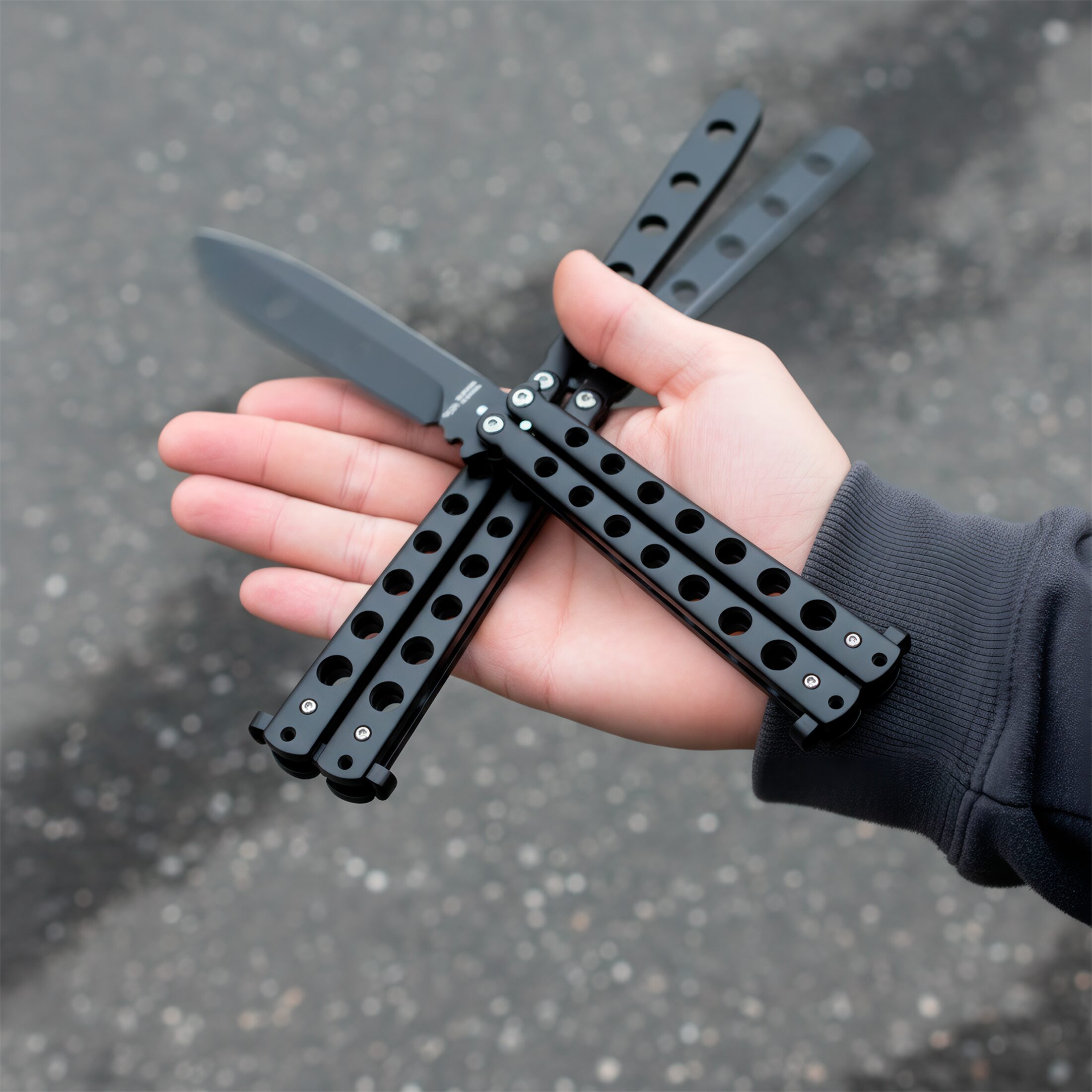 Cuchillo Navaja Mariposa Balisong de entrenamiento sin filo con estructura de acero inoxidable seguro Cuchillo Navaja Mariposa marca Balisong modelo YC-306B con diseño balisong para práctica segura