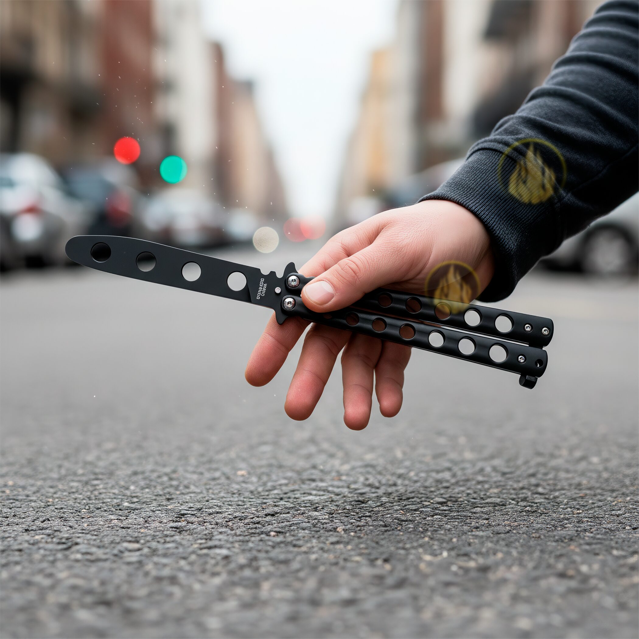 Cuchillo Navaja Mariposa Balisong de entrenamiento sin filo con estructura de acero inoxidable seguro Cuchillo Navaja Mariposa marca Balisong modelo YC-306B con diseño balisong para práctica segura