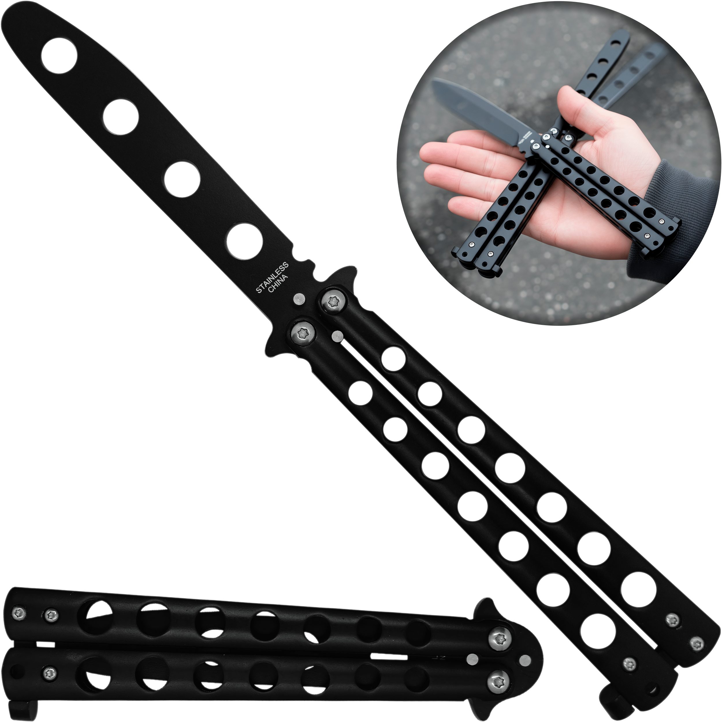 Cuchillo Navaja Mariposa Balisong de entrenamiento sin filo con estructura de acero inoxidable seguro Cuchillo Navaja Mariposa marca Balisong modelo YC-306B con diseño balisong para práctica segura