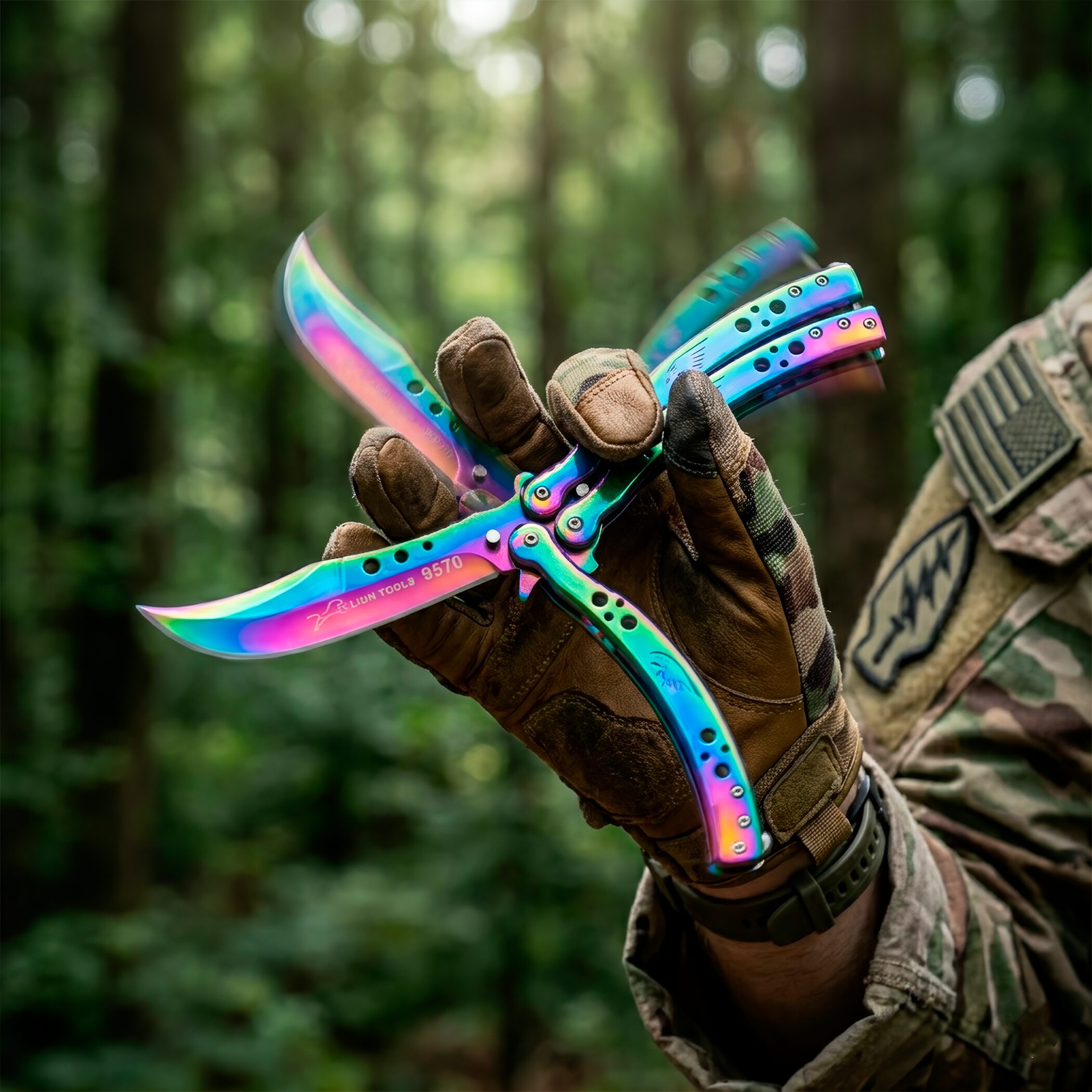 Cuchillo Navaja Mariposa Lion Tools color tornasol con hoja afilada de acero inoxidable 420 estilo táctico. 9570